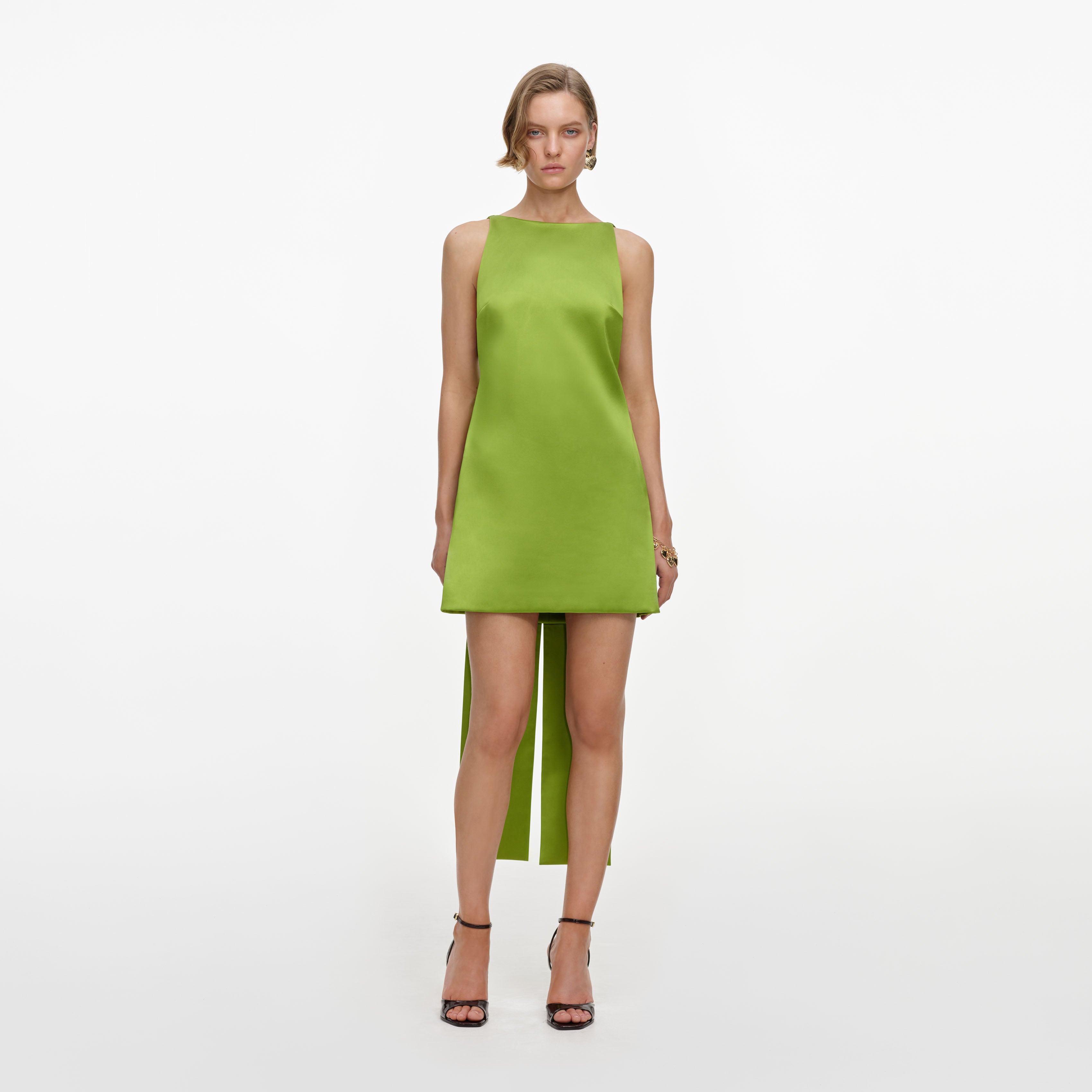 Green Satin Bow Mini Dress