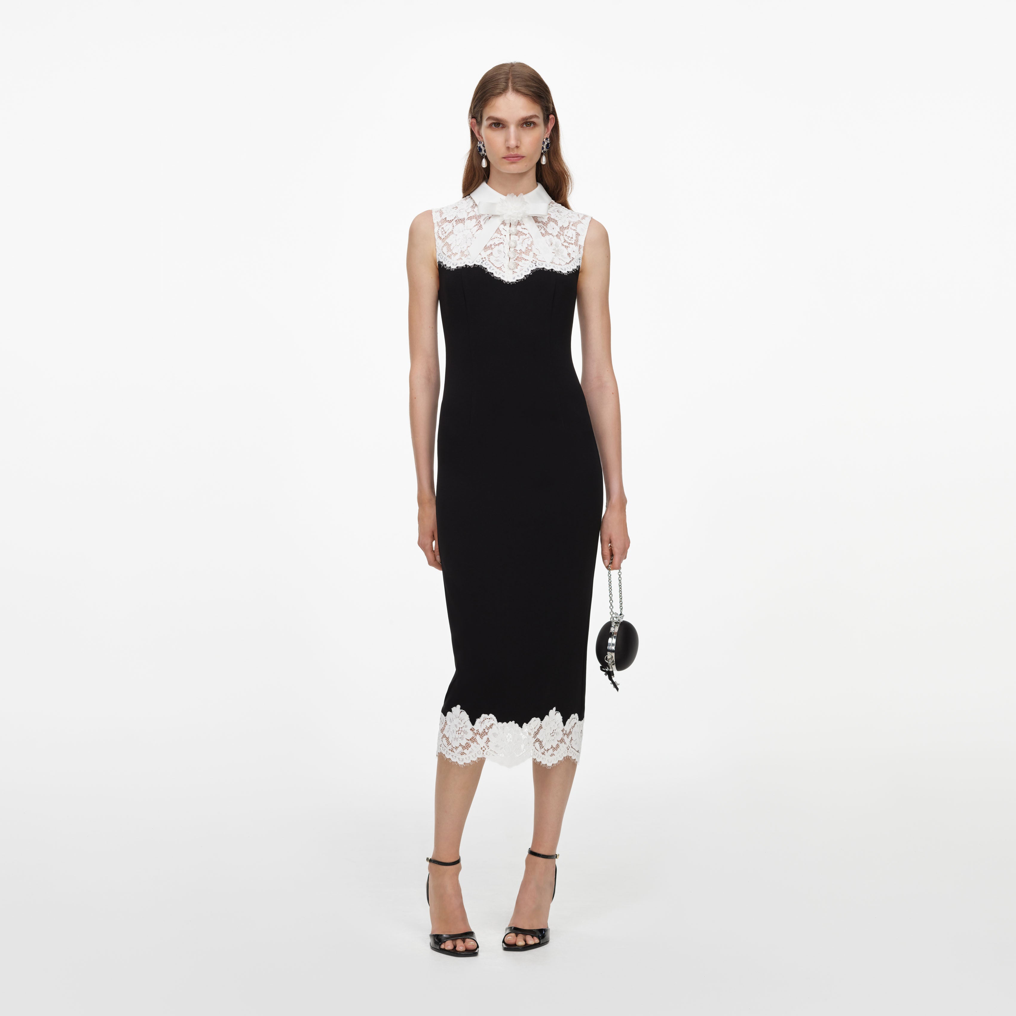 Black Contrast Lace Bodice Midi Dress