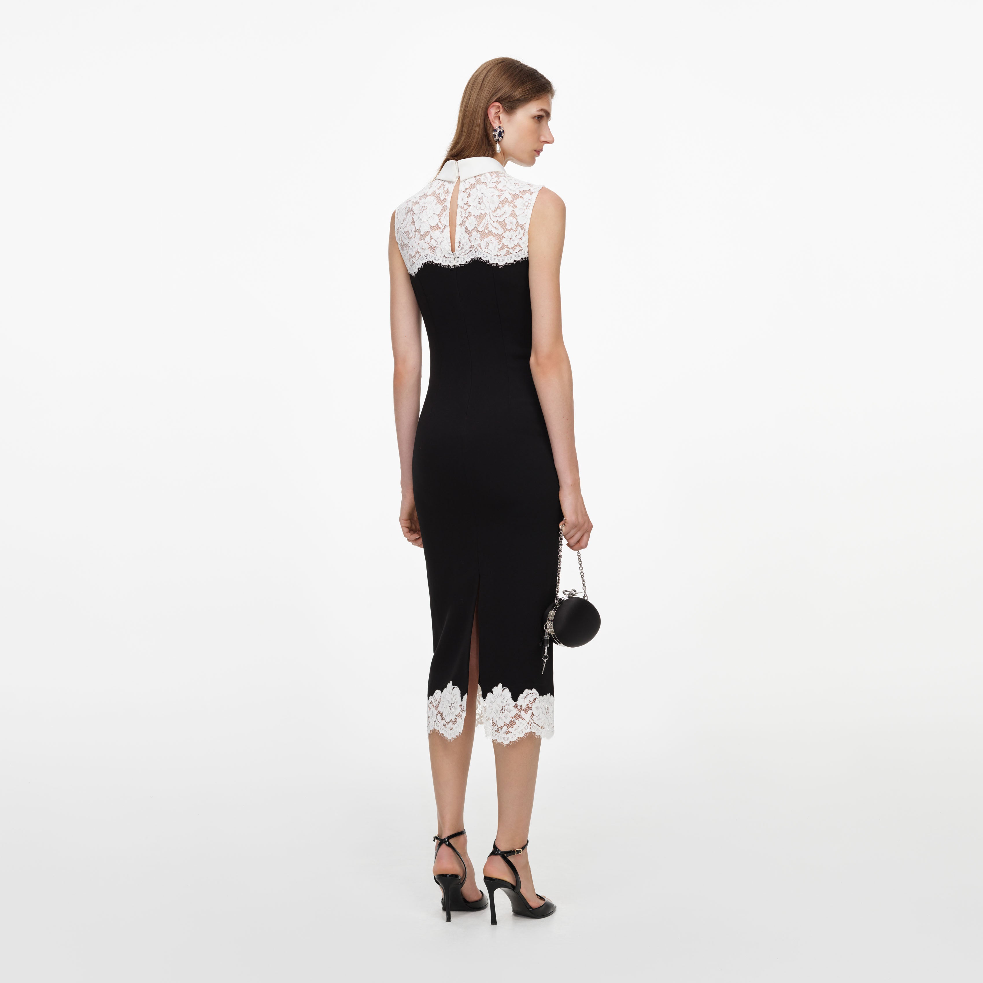 Black Contrast Lace Bodice Midi Dress
