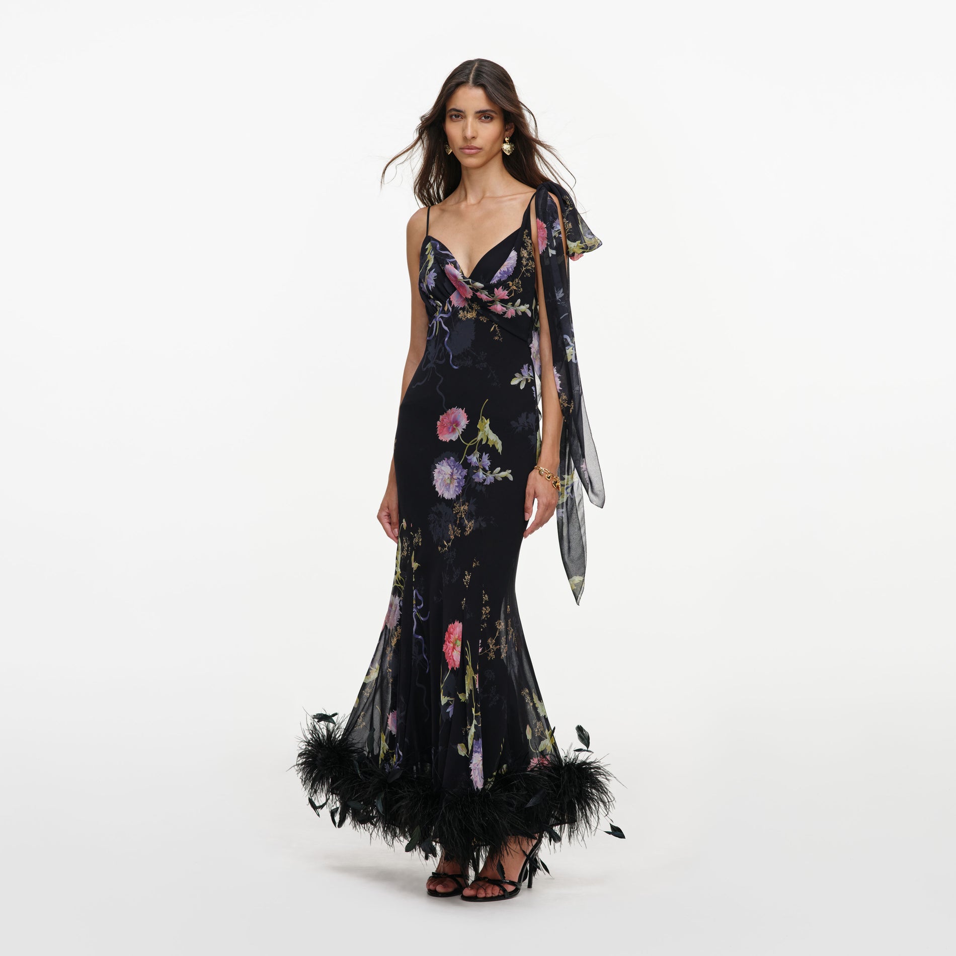 Black Floral Georgette Feather Maxi Dress