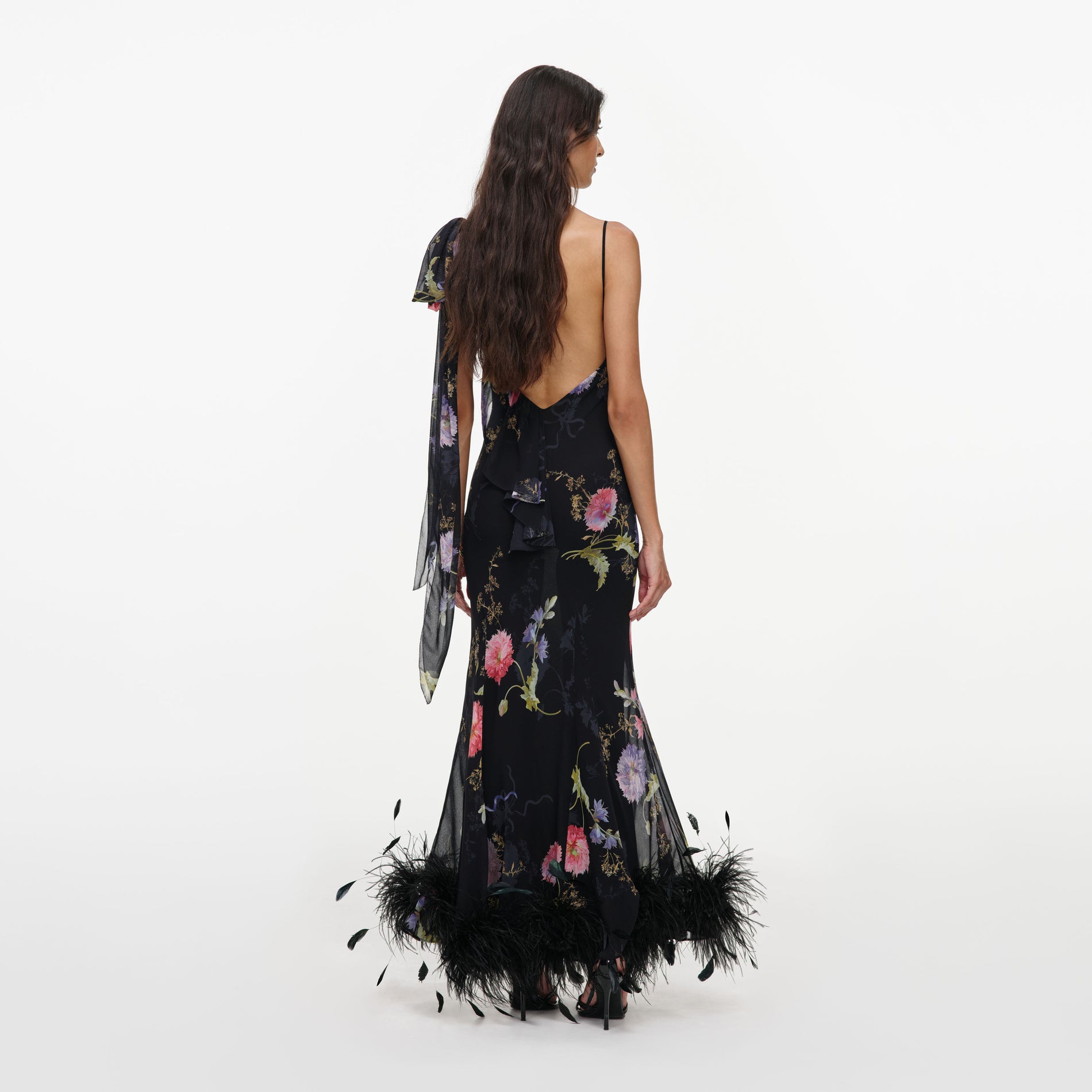 Black Floral Georgette Feather Maxi Dress