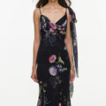Black Floral Georgette Feather Maxi Dress