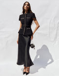 Black Boucle Crystal Trim Satin Midi Dress