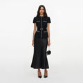Black Boucle Crystal Trim Satin Midi Dress
