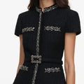 Black Boucle Crystal Trim Satin Midi Dress