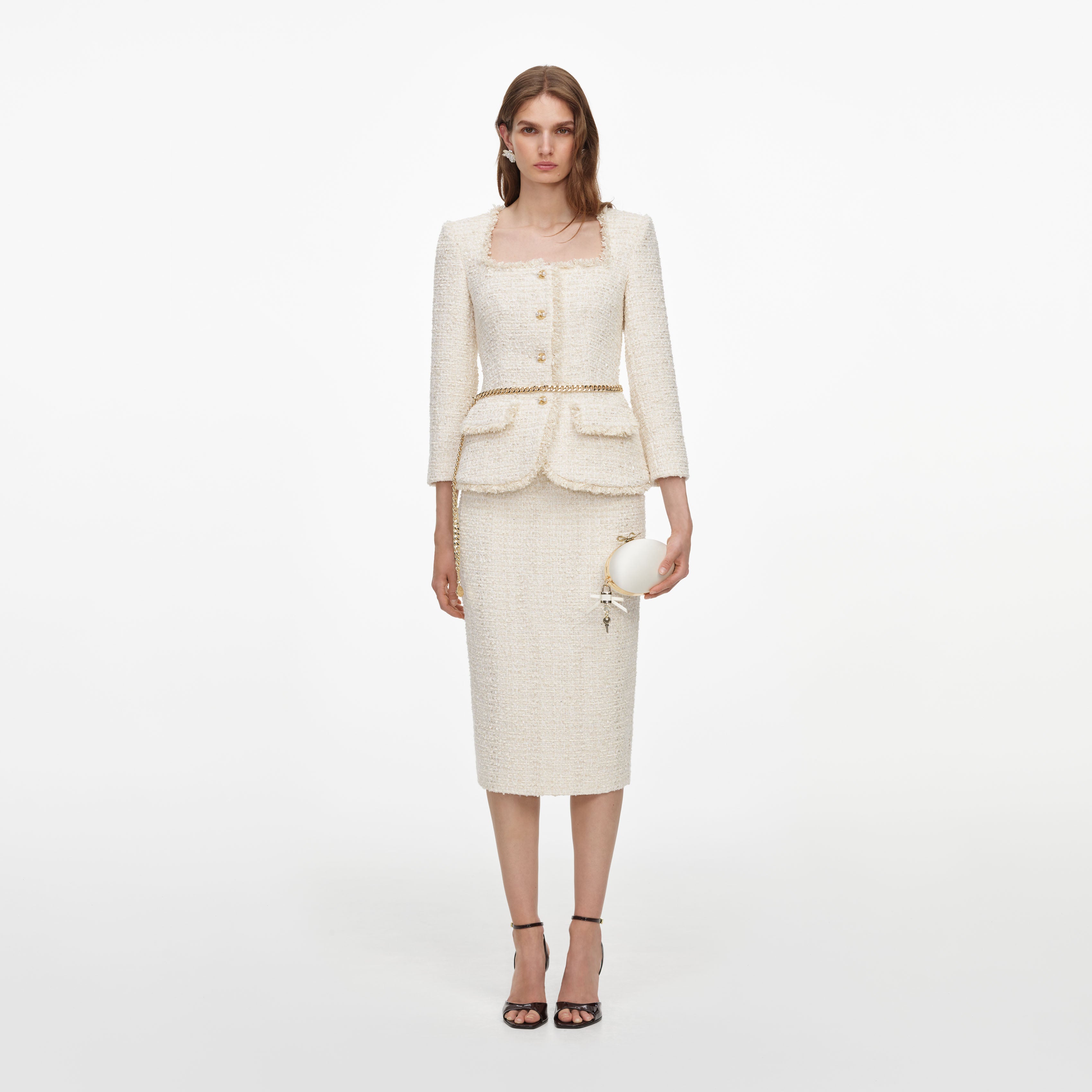 Cream Boucle Tailored Chain Midi Dress