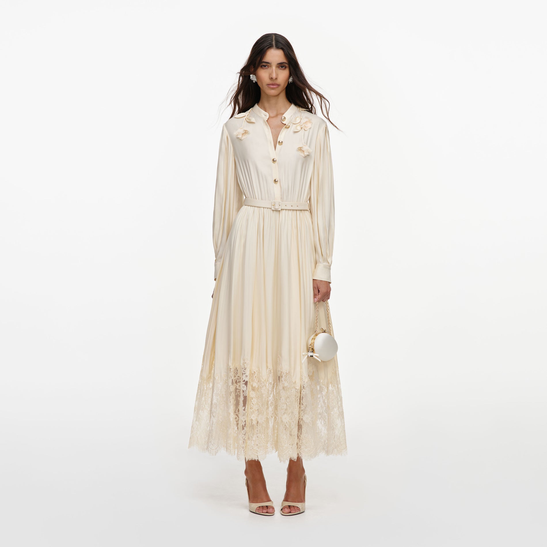 Yellow Viscose Lace Pleated Midi Dress