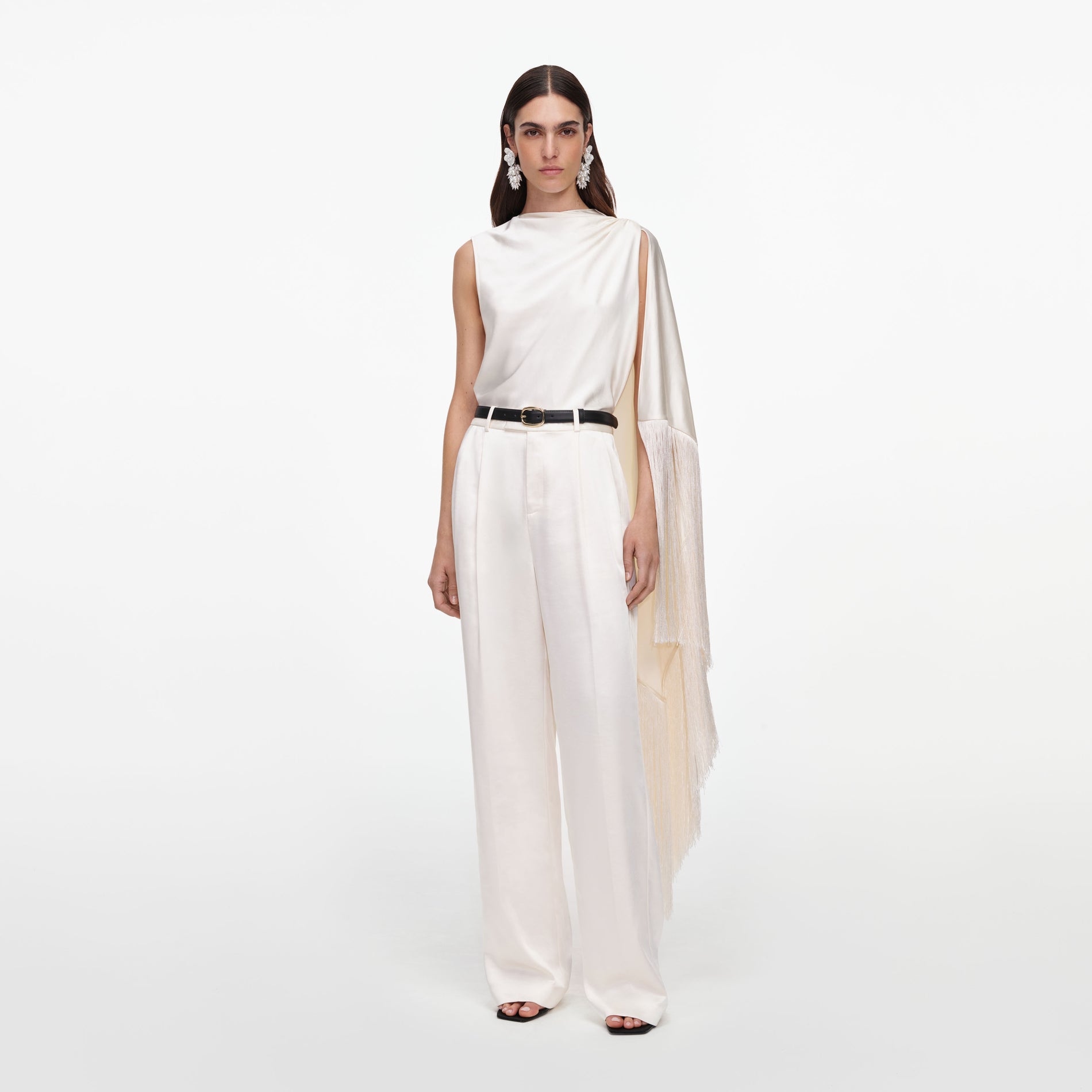 Cream Satin Fringed Scarf Top