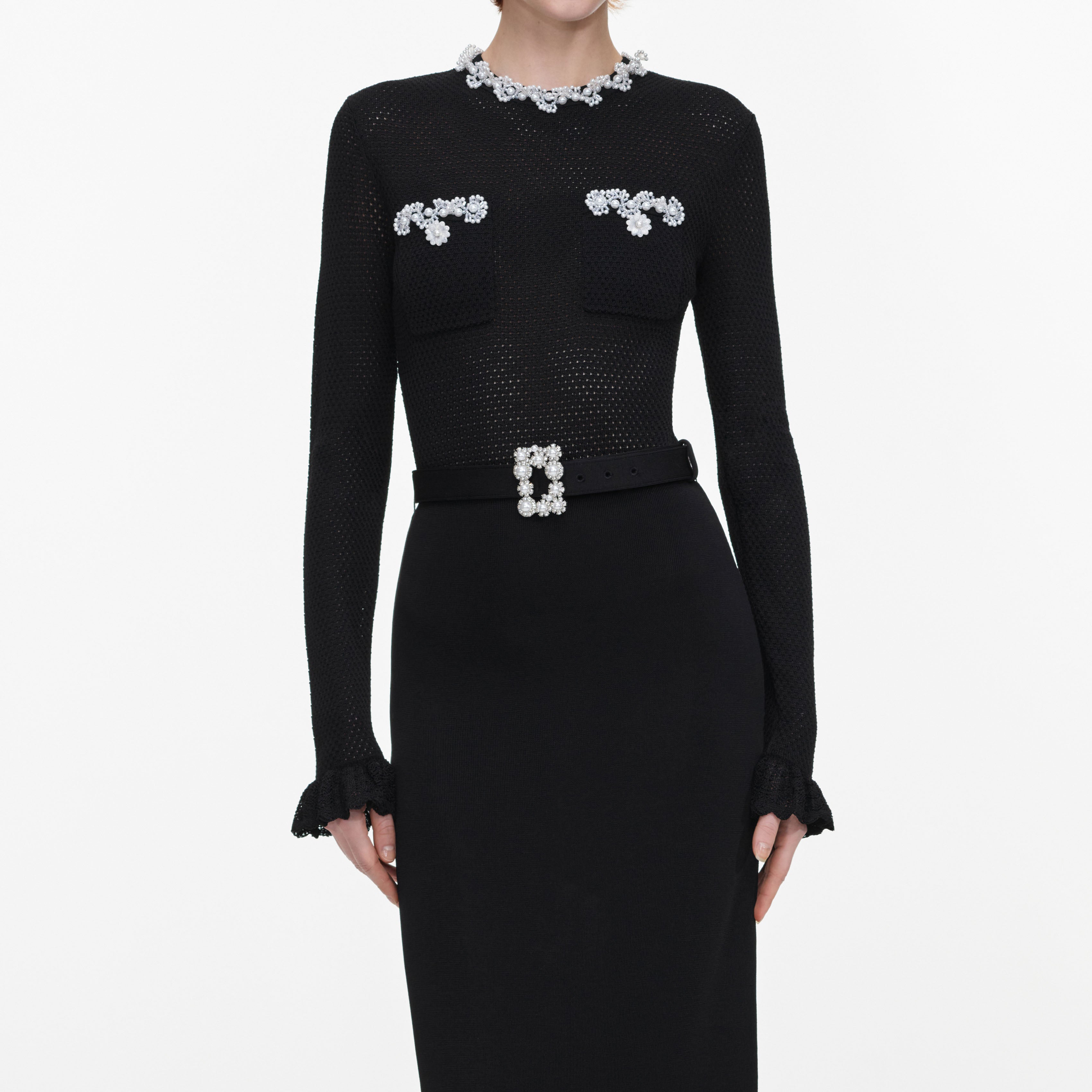 Black Pearl Trim Knit Midi Dress