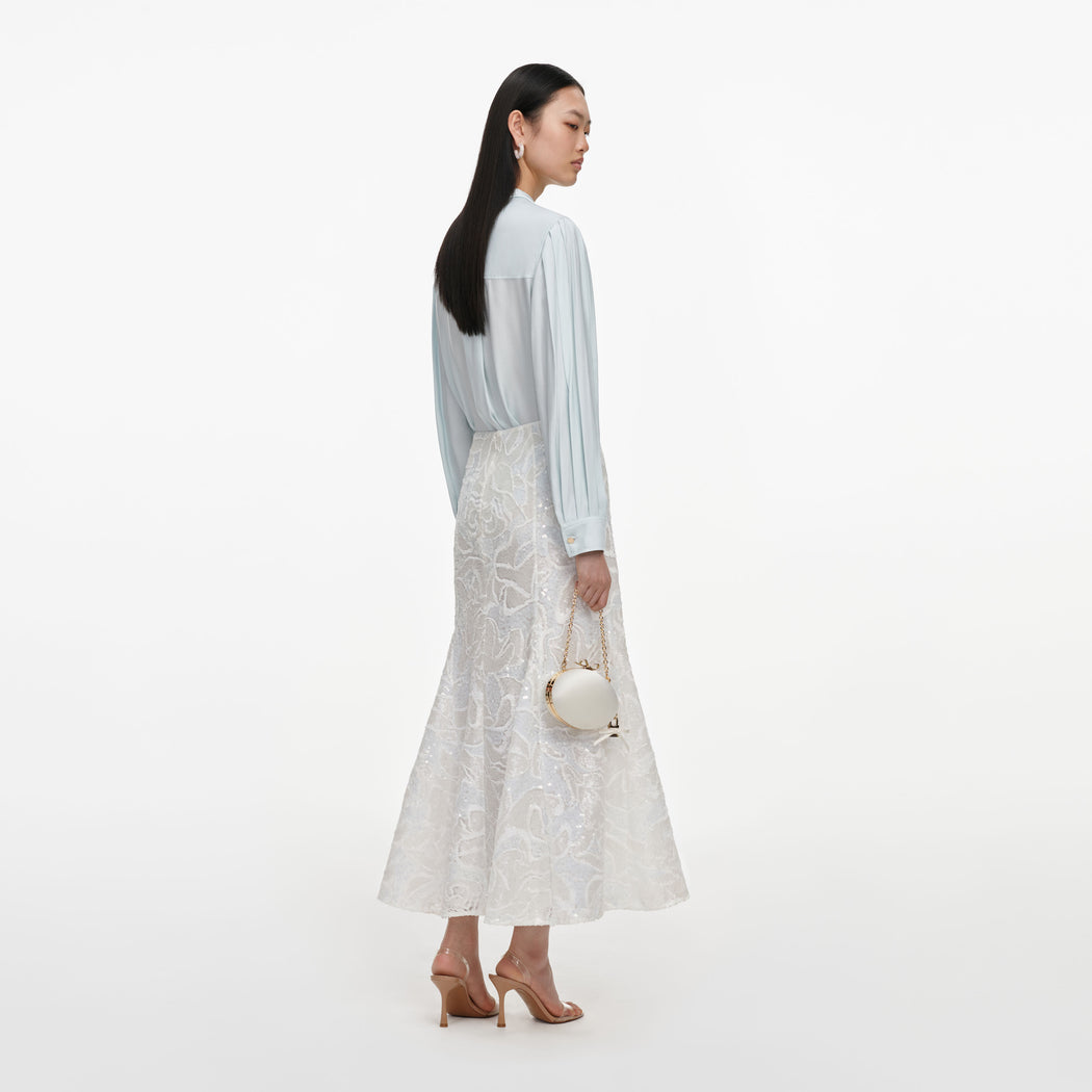 White Sequin Lace Midi Skirt