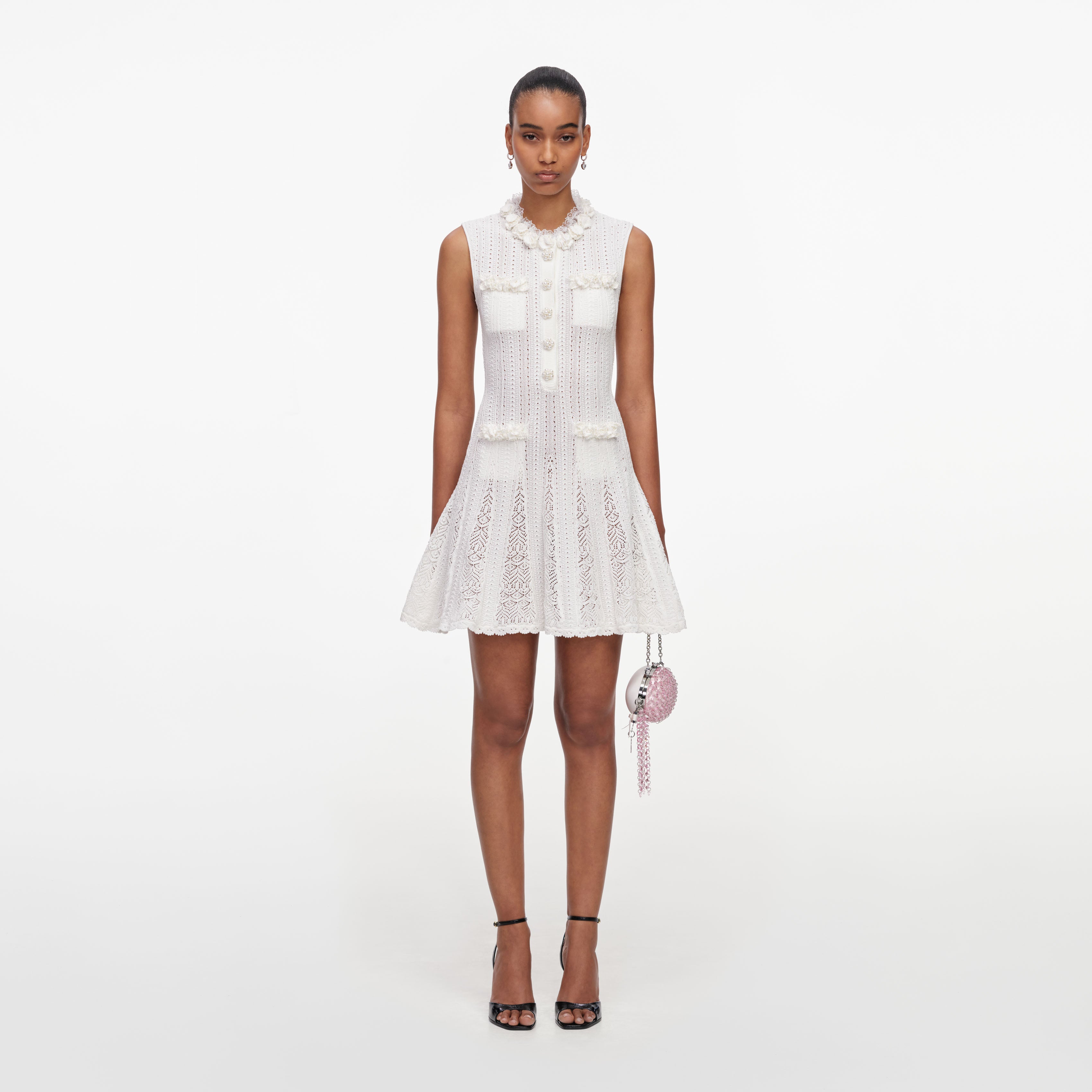 White Flower Trim Knit Mini Dress