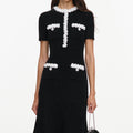 Black Chenille Knit Flower Trim Midi Dress