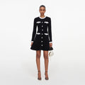 Black Chenille Knit Flower Trim Mini Dress