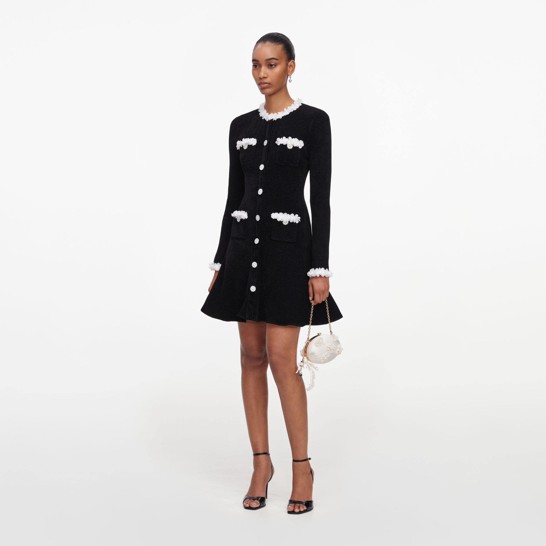 Black Chenille Knit Flower Trim Mini Dress