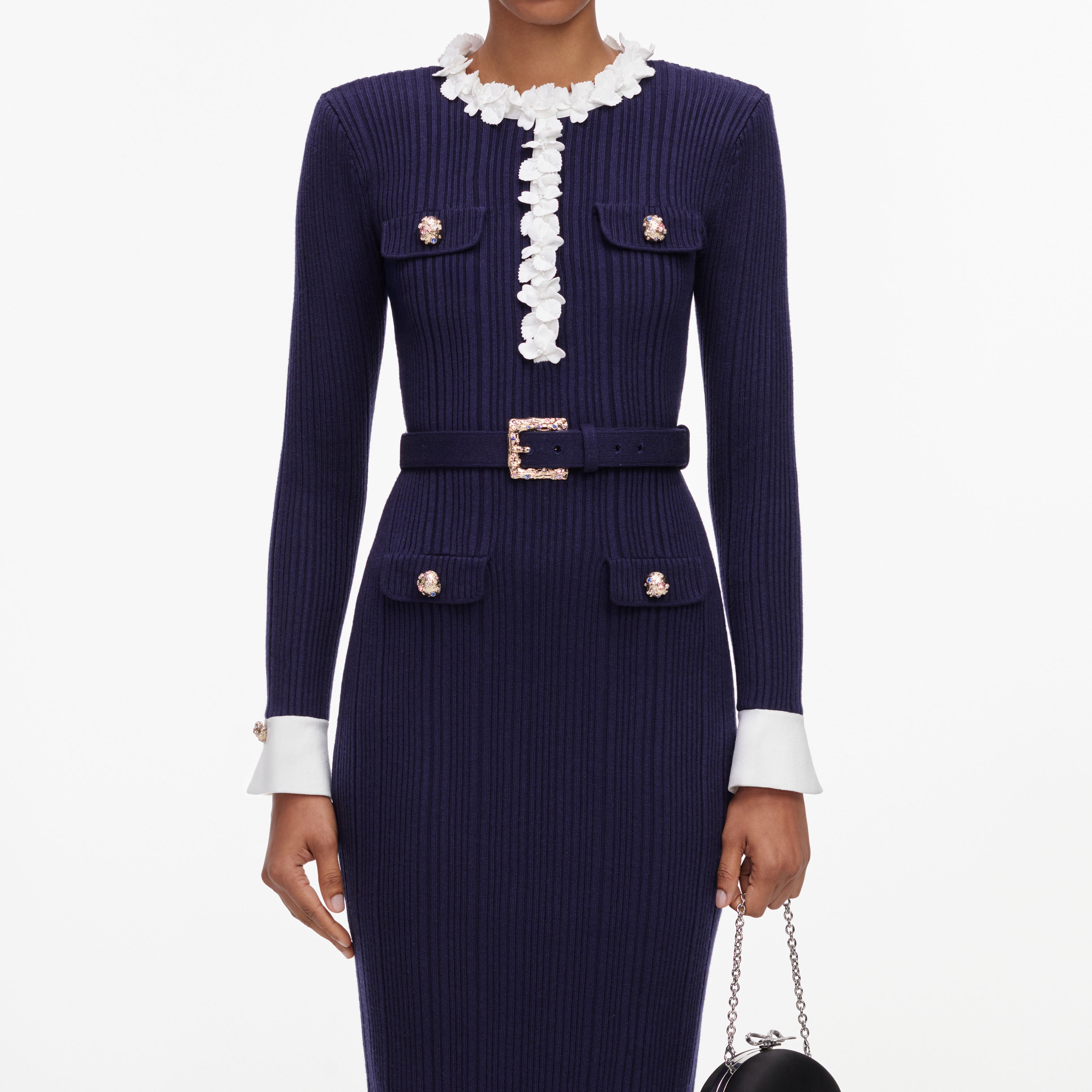 Navy Flower Rib Knit Midi Dress