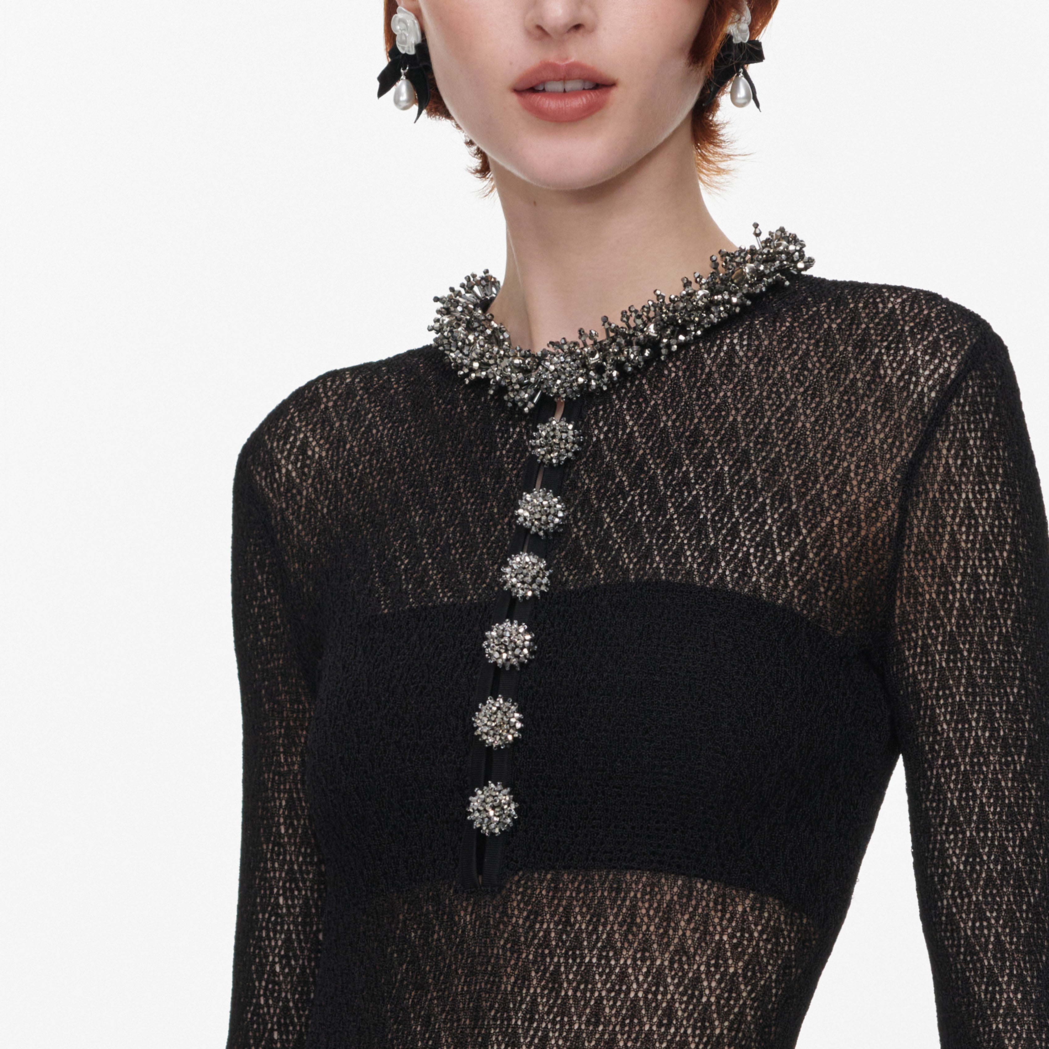 Black Pointelle Knit Embellished Bodysuit