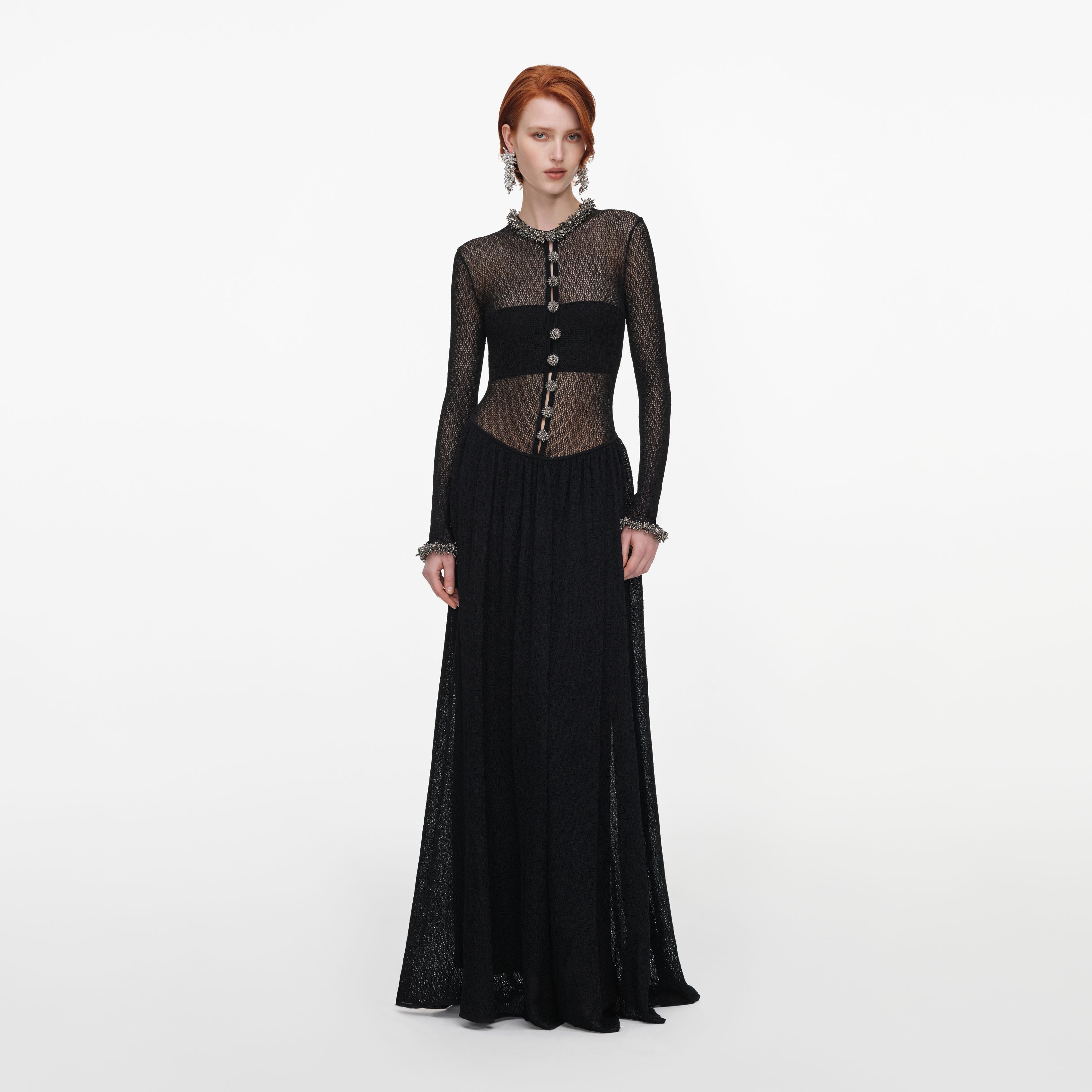 Black Pointelle Knit Embellished Maxi Dress