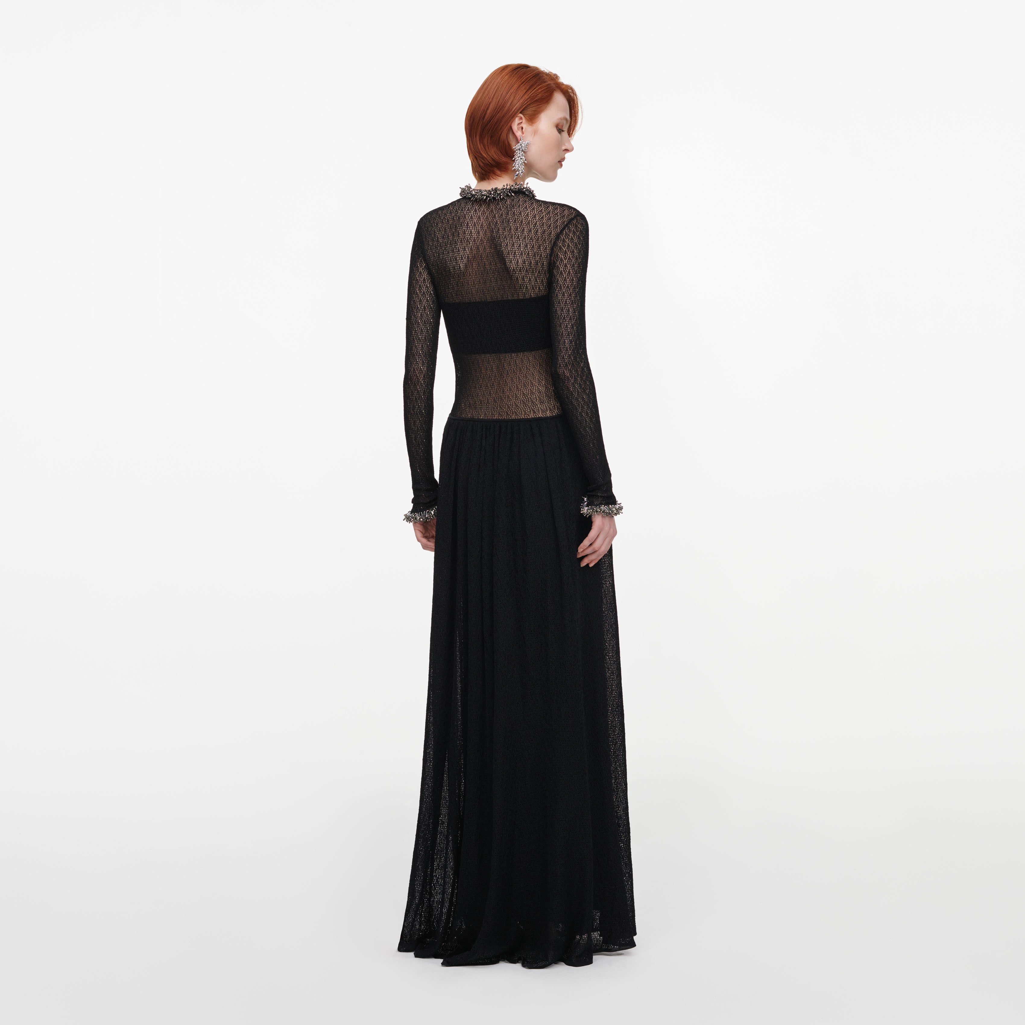 Black Pointelle Knit Embellished Maxi Dress
