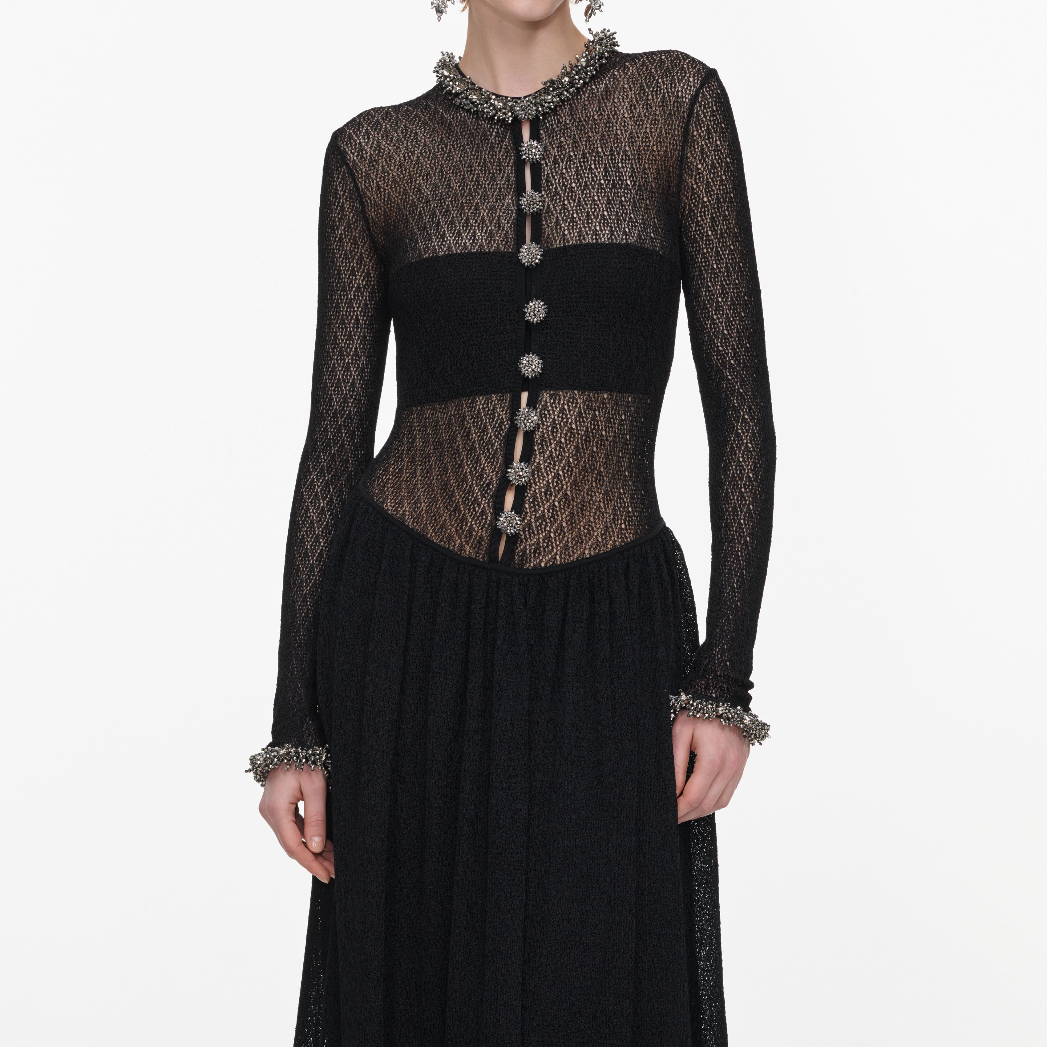 Black Pointelle Knit Embellished Maxi Dress