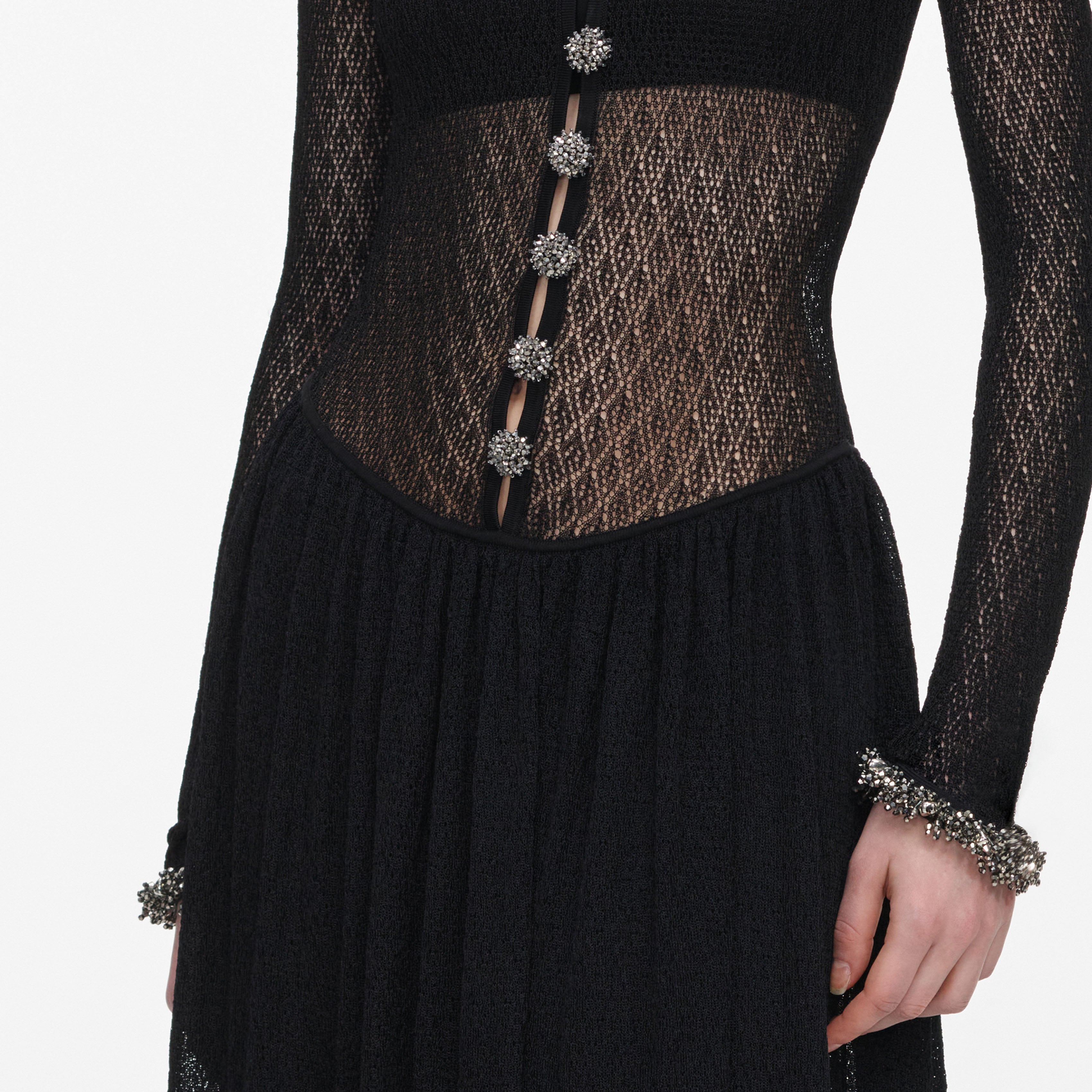 Black Pointelle Knit Embellished Maxi Dress
