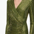 Olive Rhinestone Mesh Wrap Midi Dress