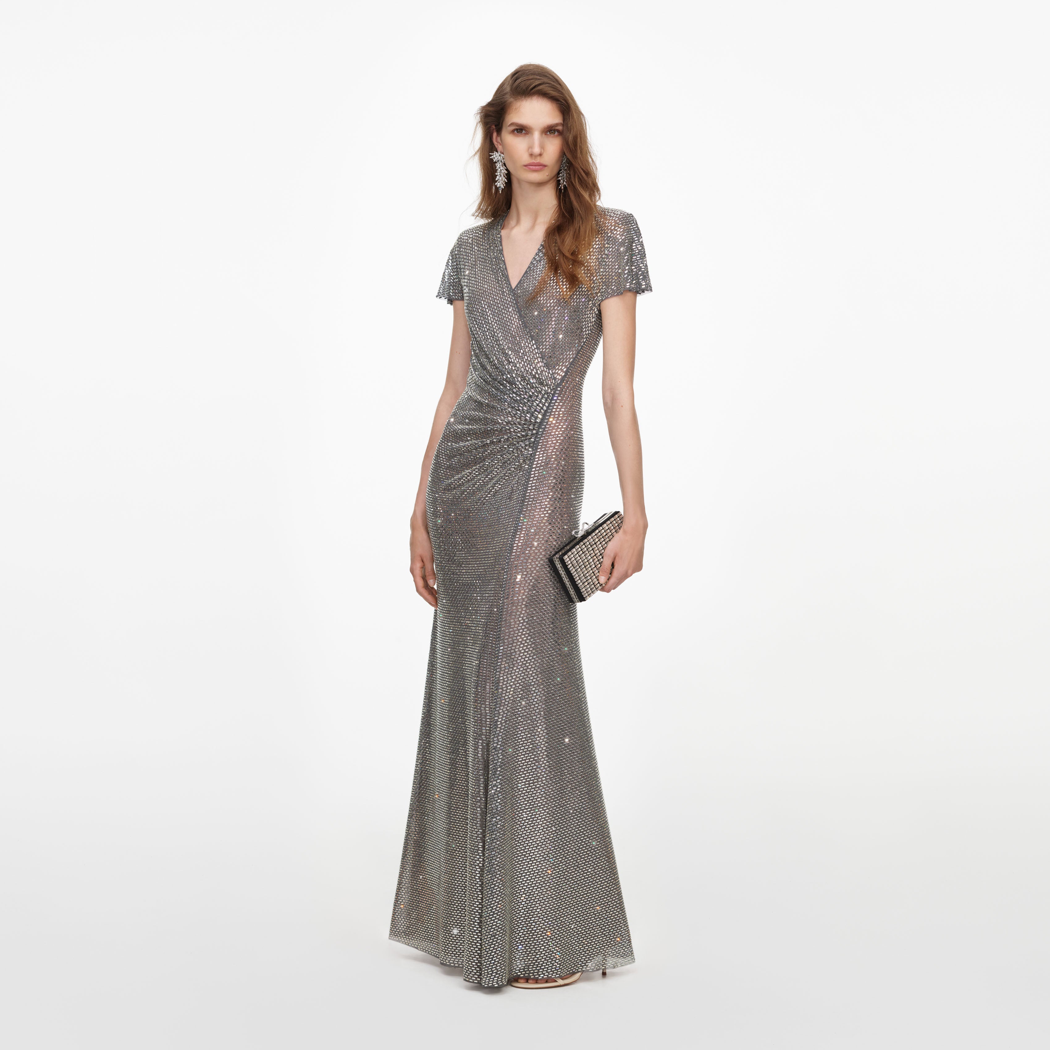 Grey Rhinestone Mesh Wrap Maxi Dress