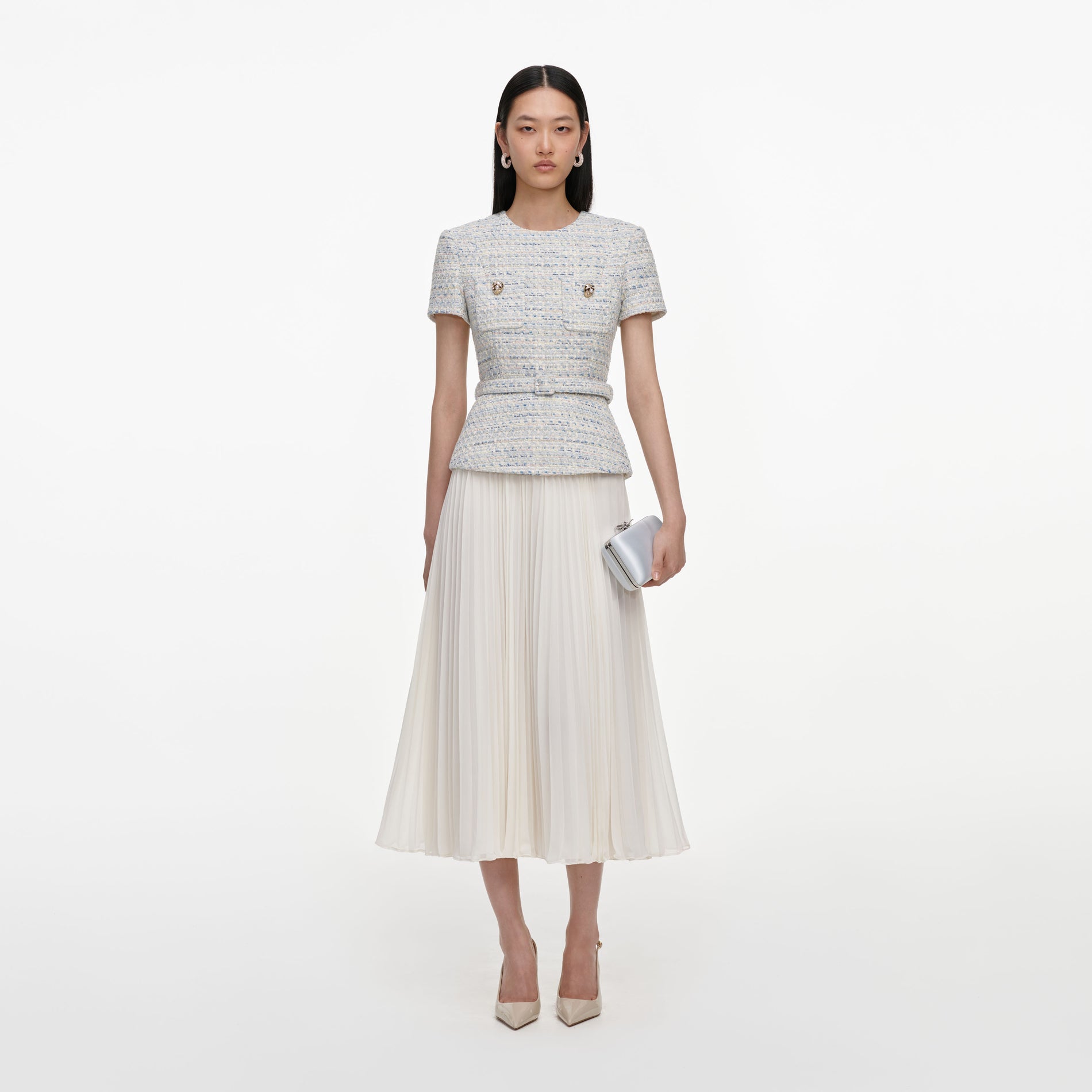 Blue Boucle Chiffon Midi Dress