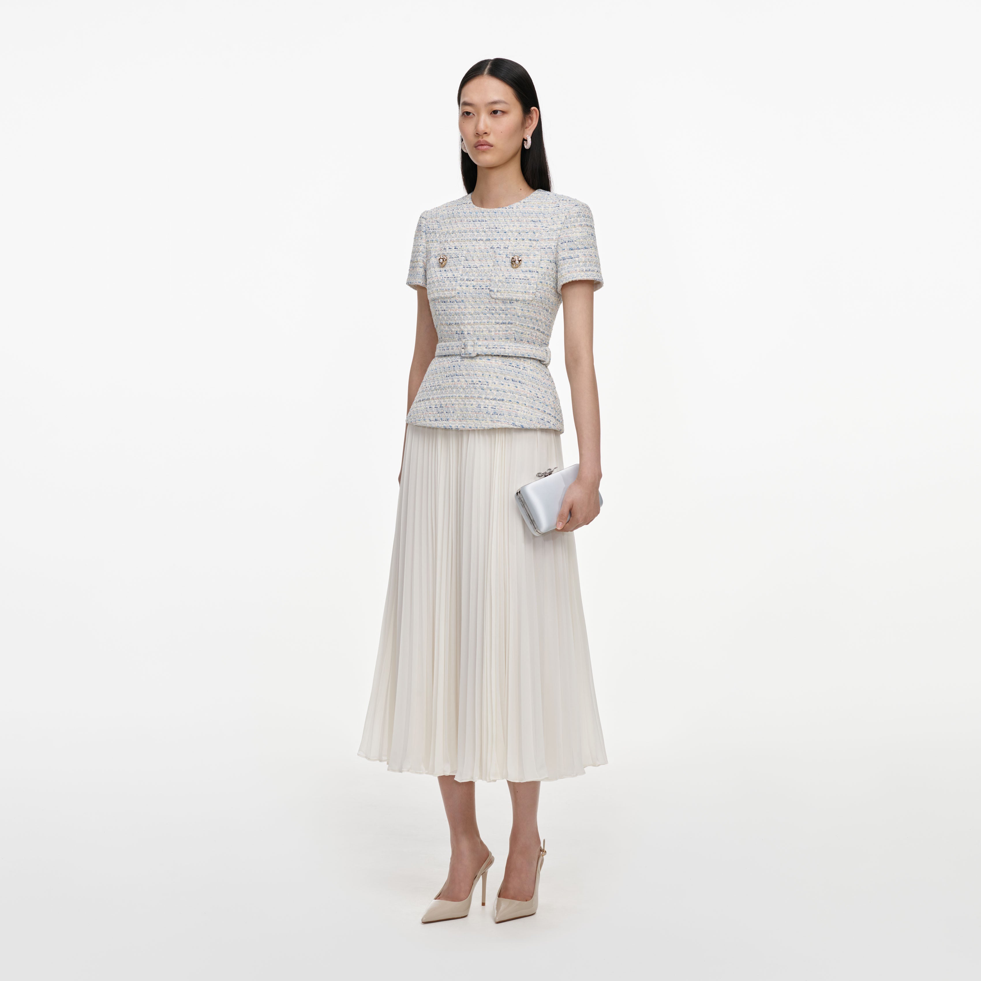 Blue Boucle Chiffon Midi Dress