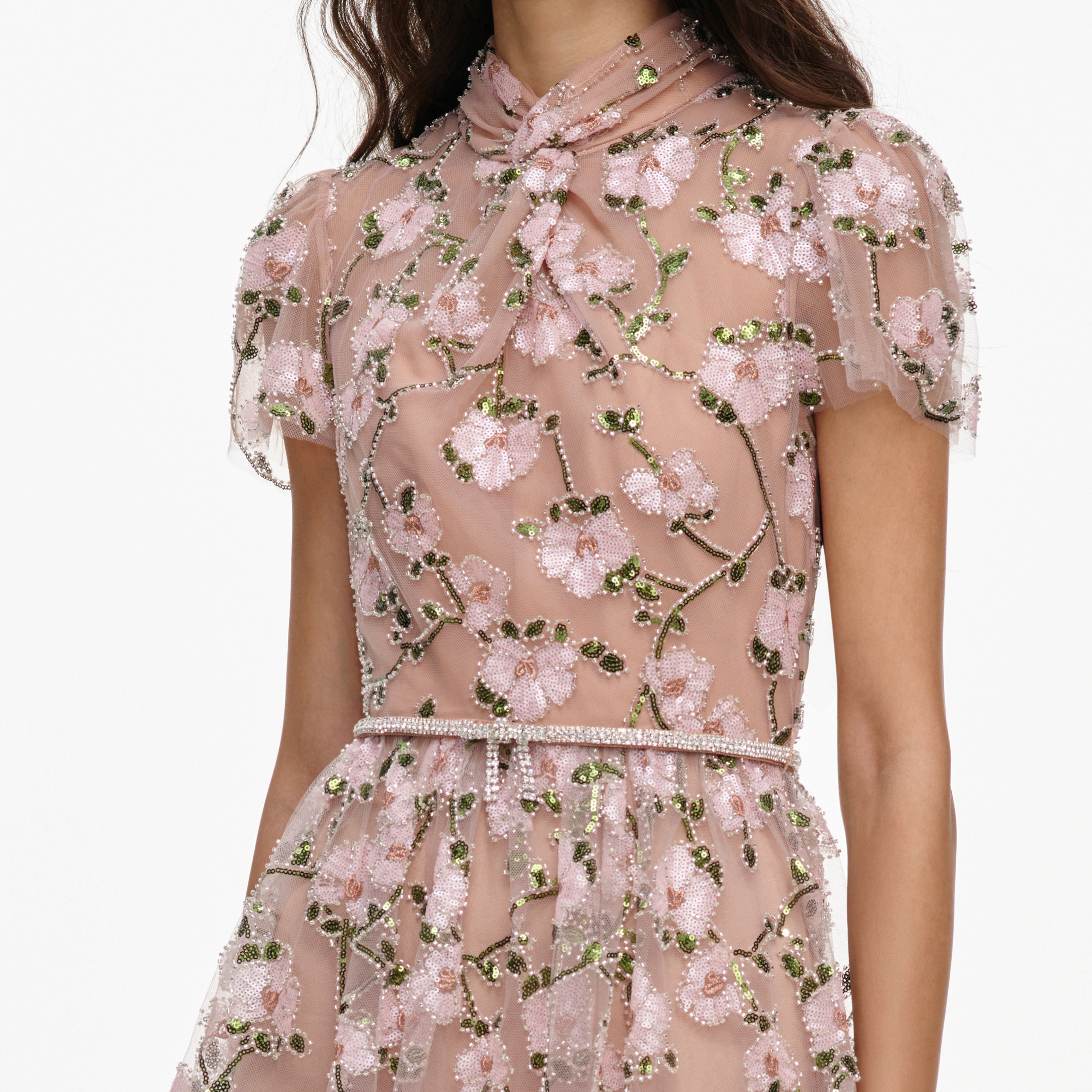Pink Sequin Embellished Tiered Midi Dress
