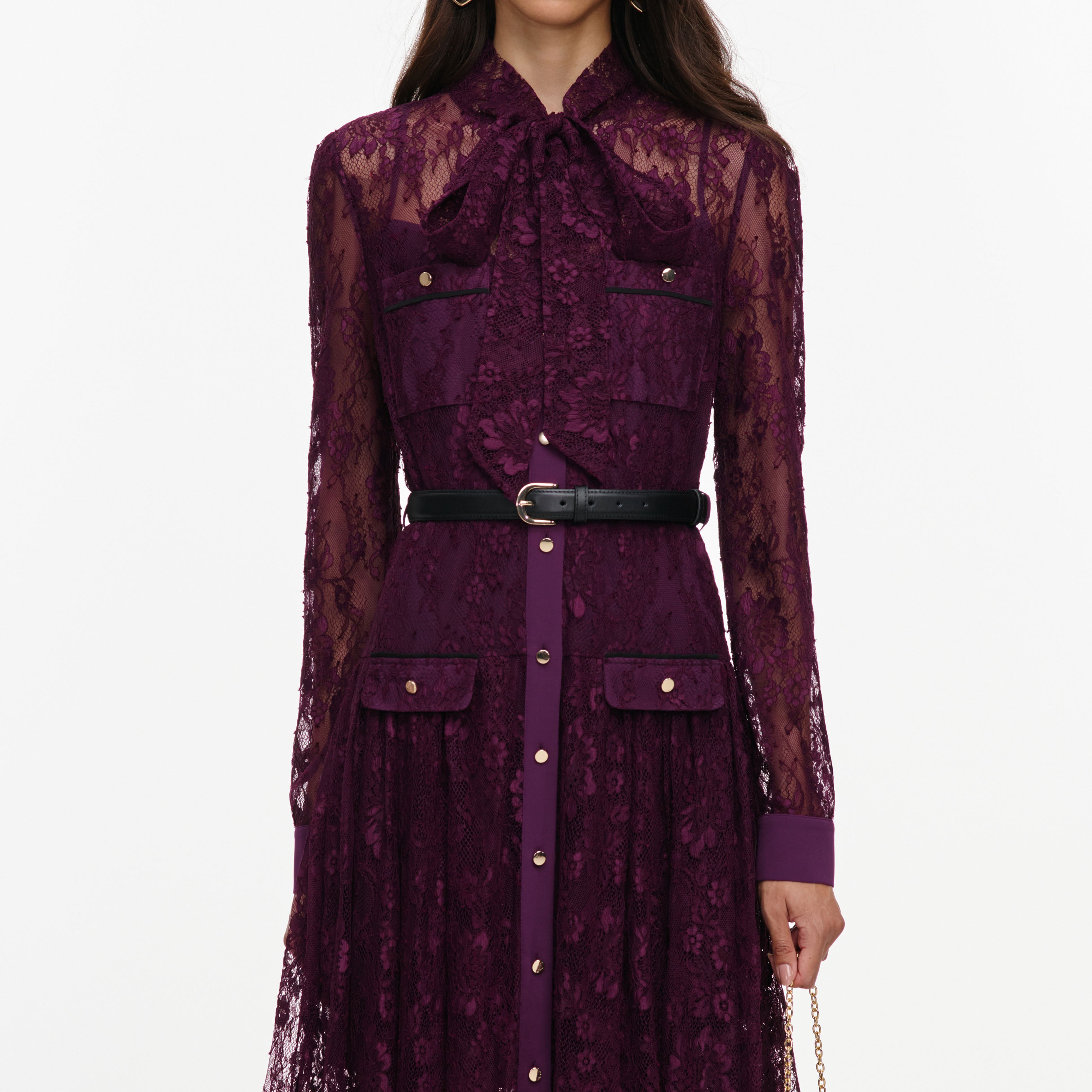 Purple Lace Tie Neck Midi Dress