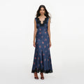 Navy Satin Printed Lace Midi Dress