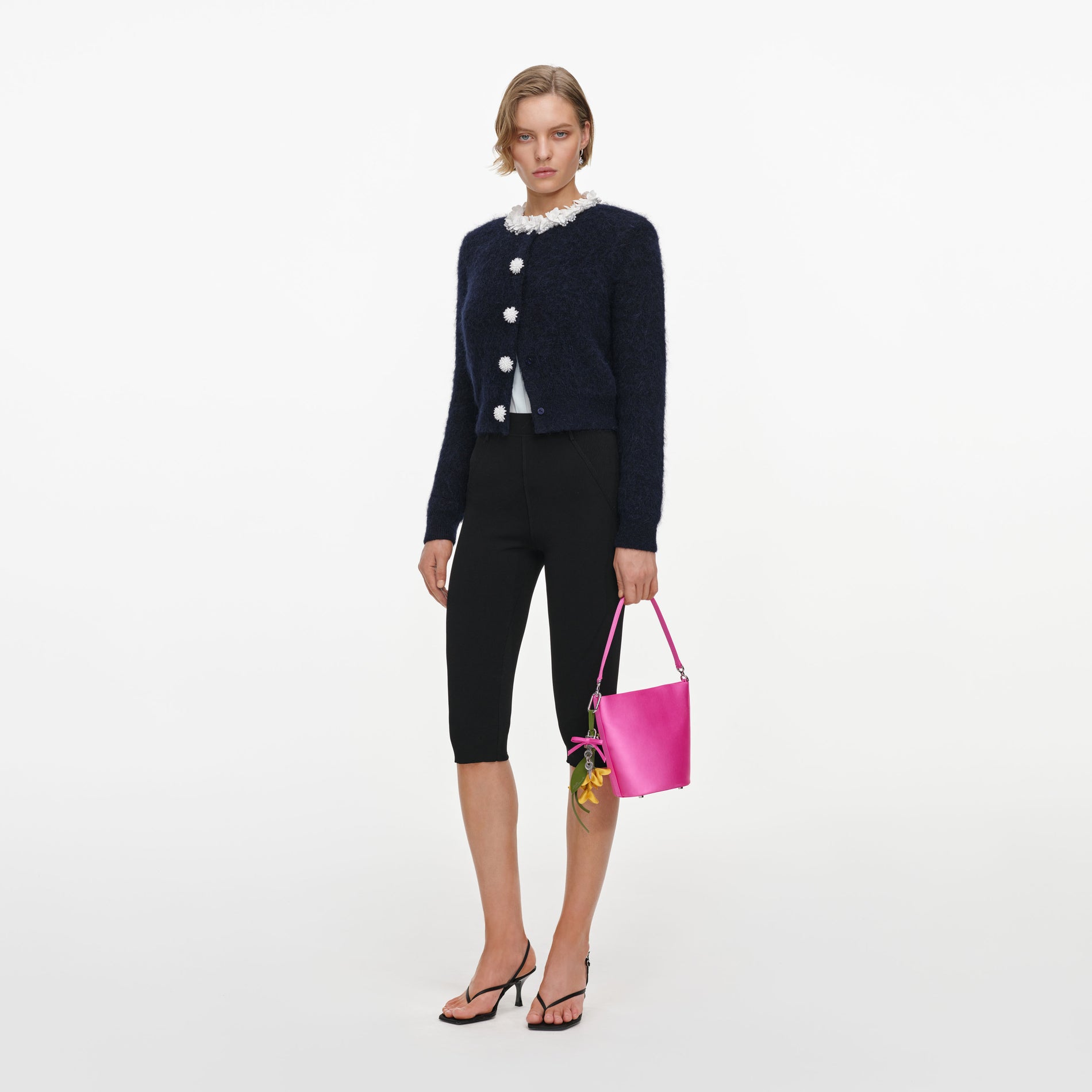 Navy Flower Pearl Trim Knit Jumper