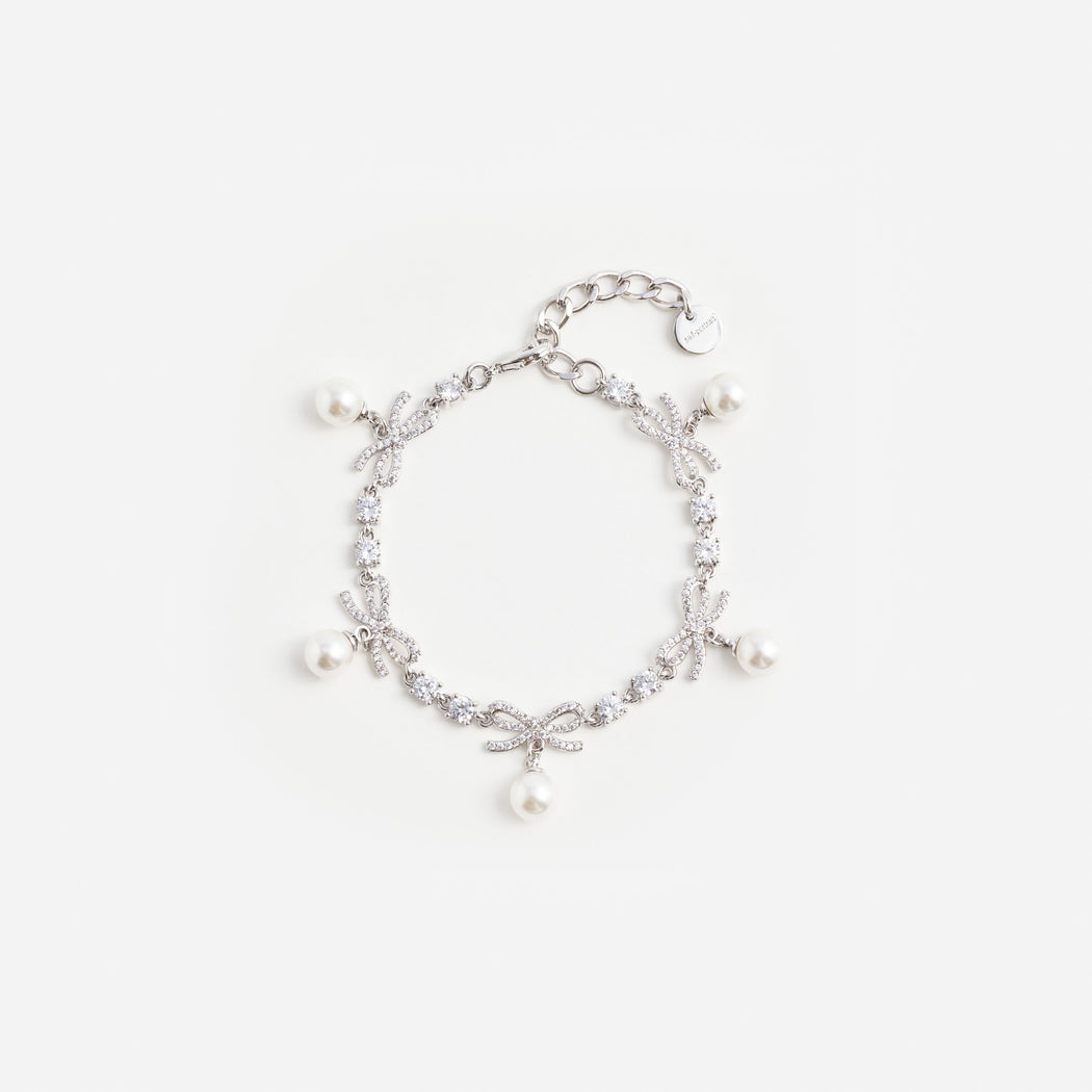 Crystal Bow Pearl Charm Bracelet