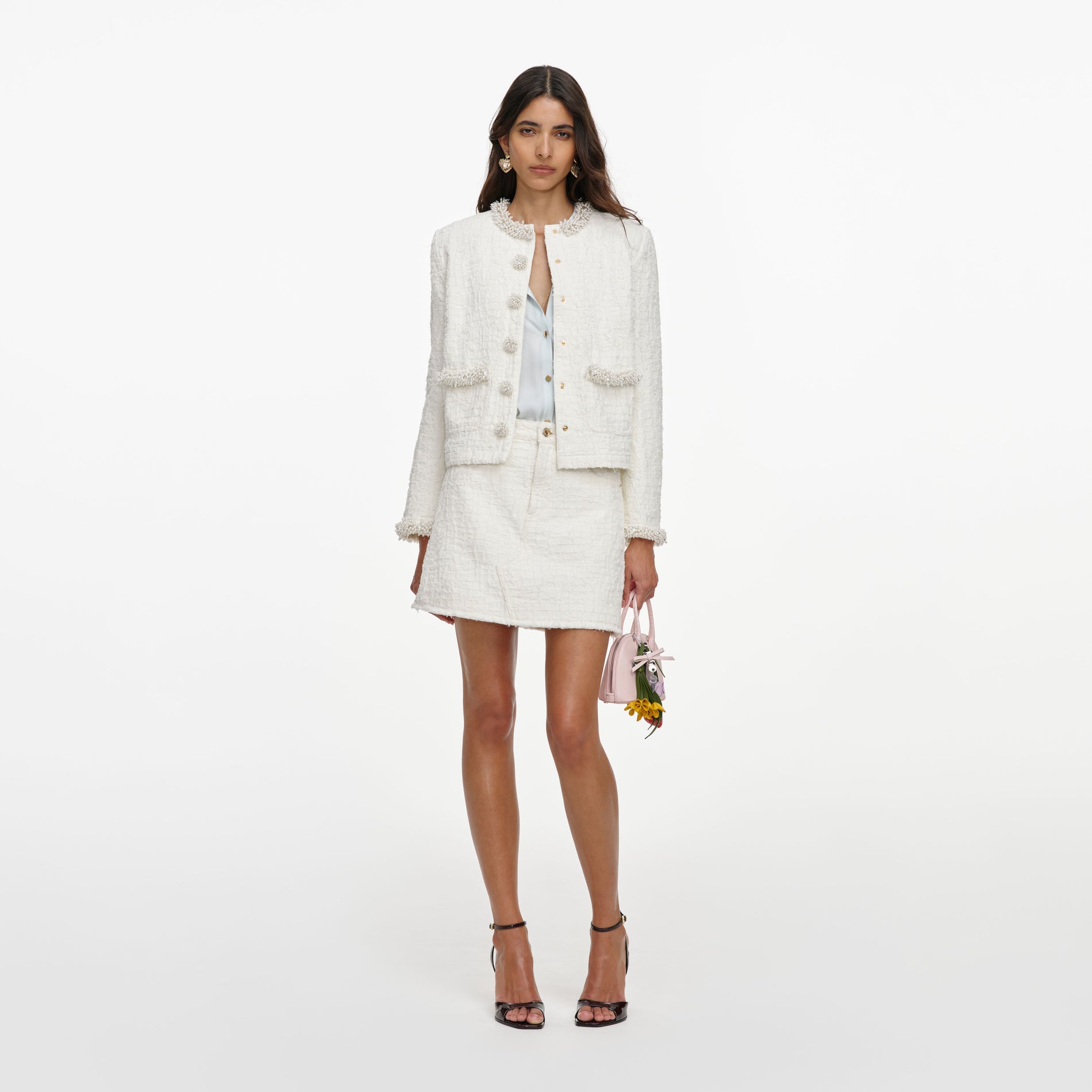 Cream Textured Denim Jacket