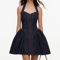 Indigo Denim Halterneck Flared Mini Dress