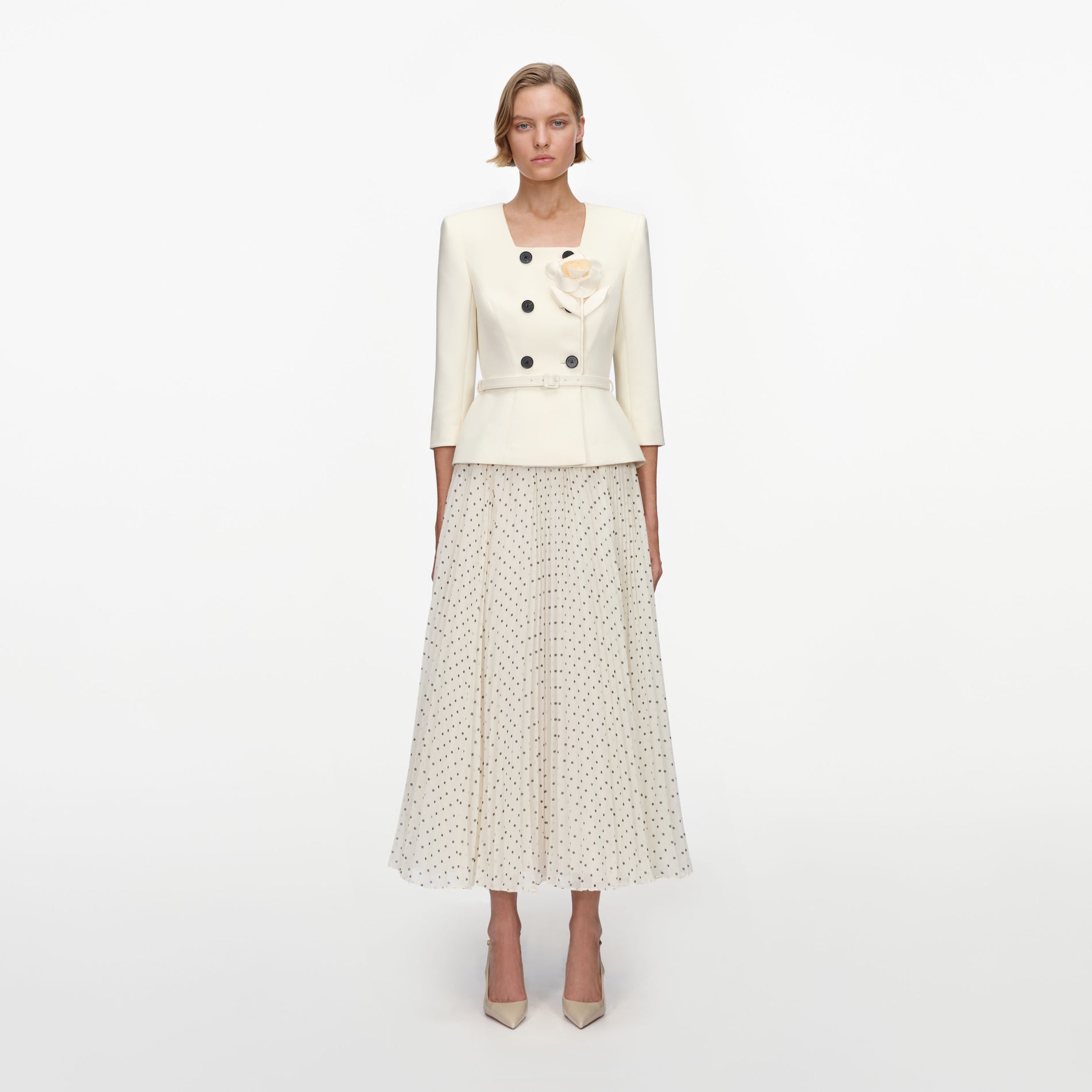 Cream 3D Flower Polka Dot Chiffon Midi Dress