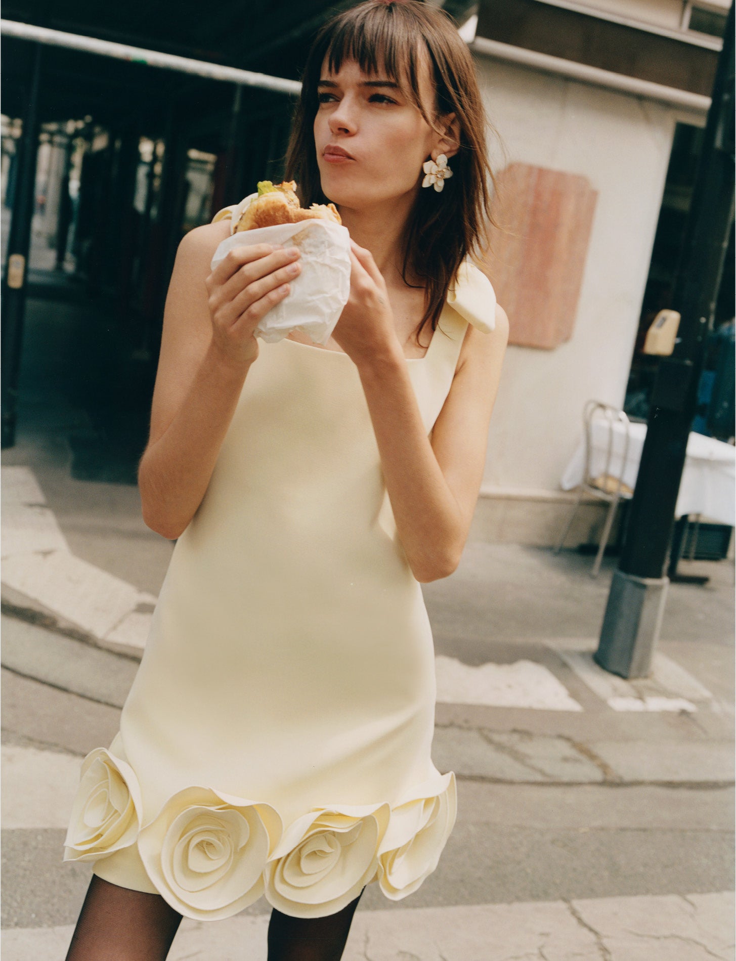 Yellow Crepe 3D Flower Mini Dress