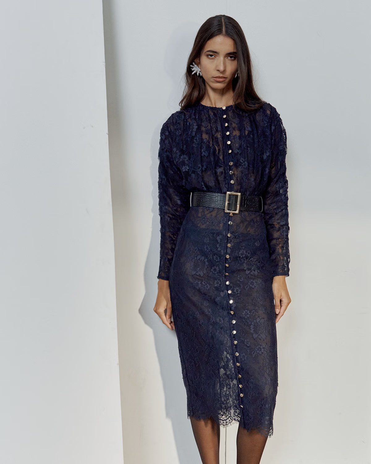 Navy Lace Button Midi Dress