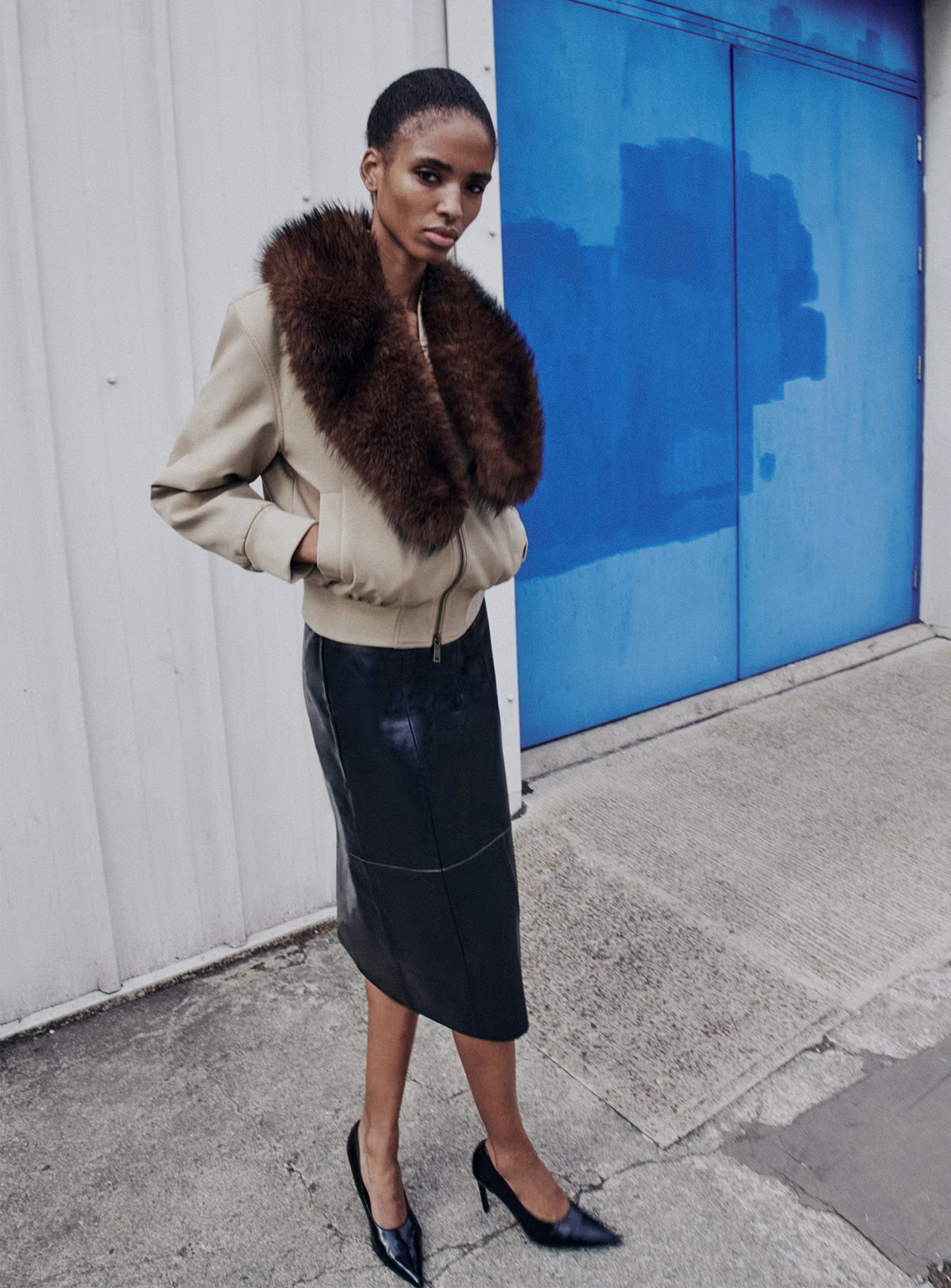 Beige Faux Fur Bomber Jacket