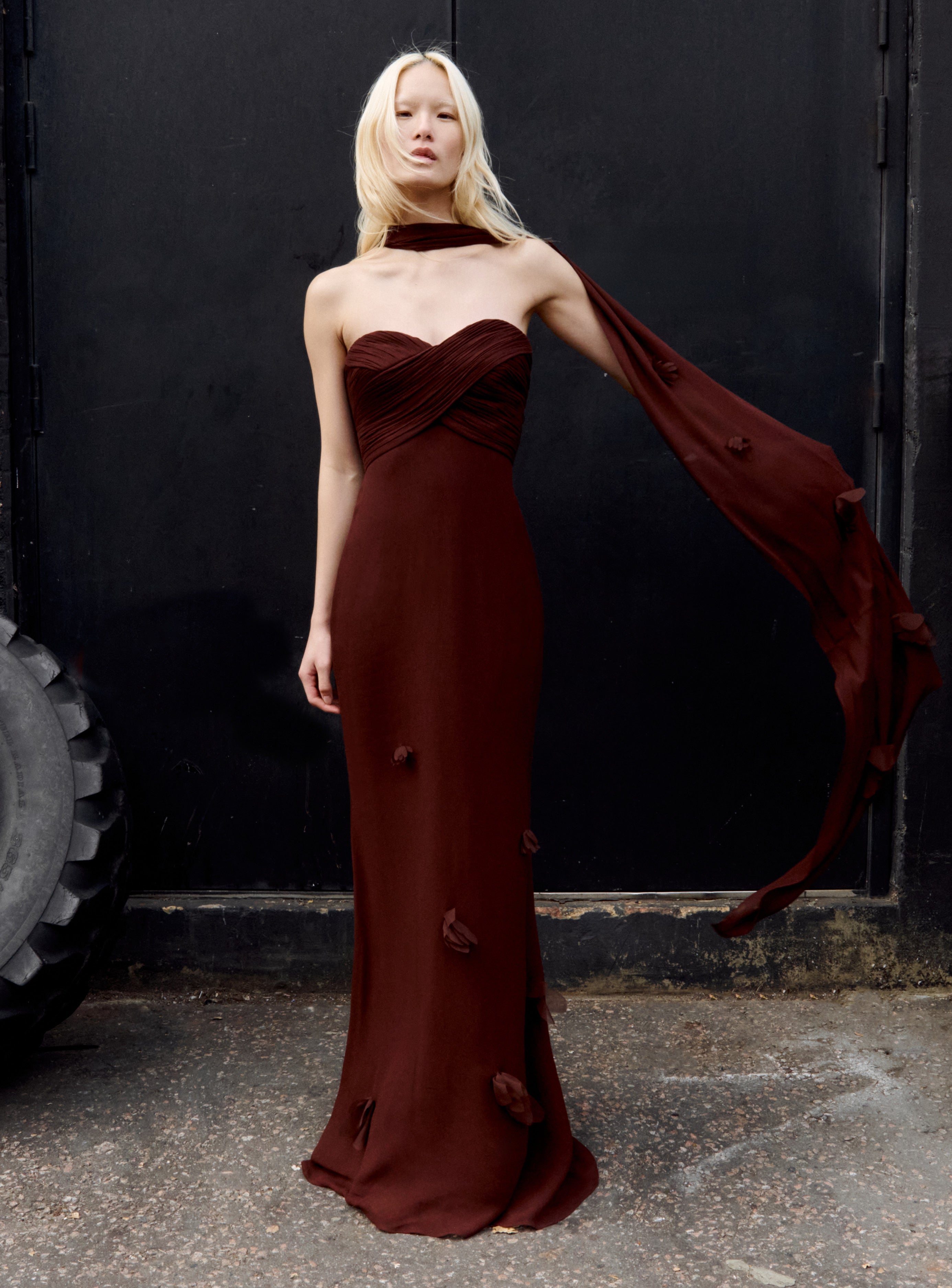 Brown Georgette Flower Maxi Dress