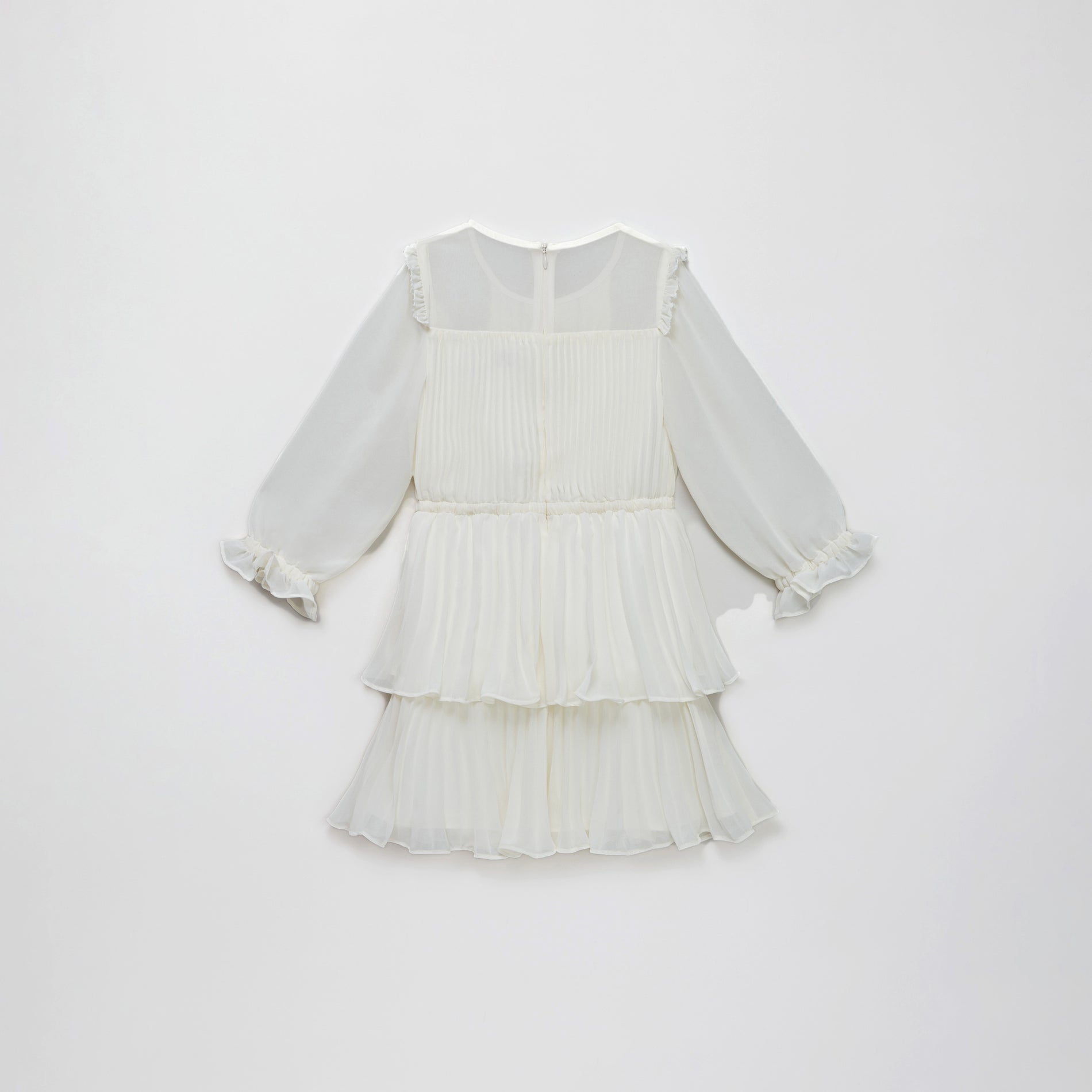 Side view of a woman wearing the Cream Chiffon Tiered Dress