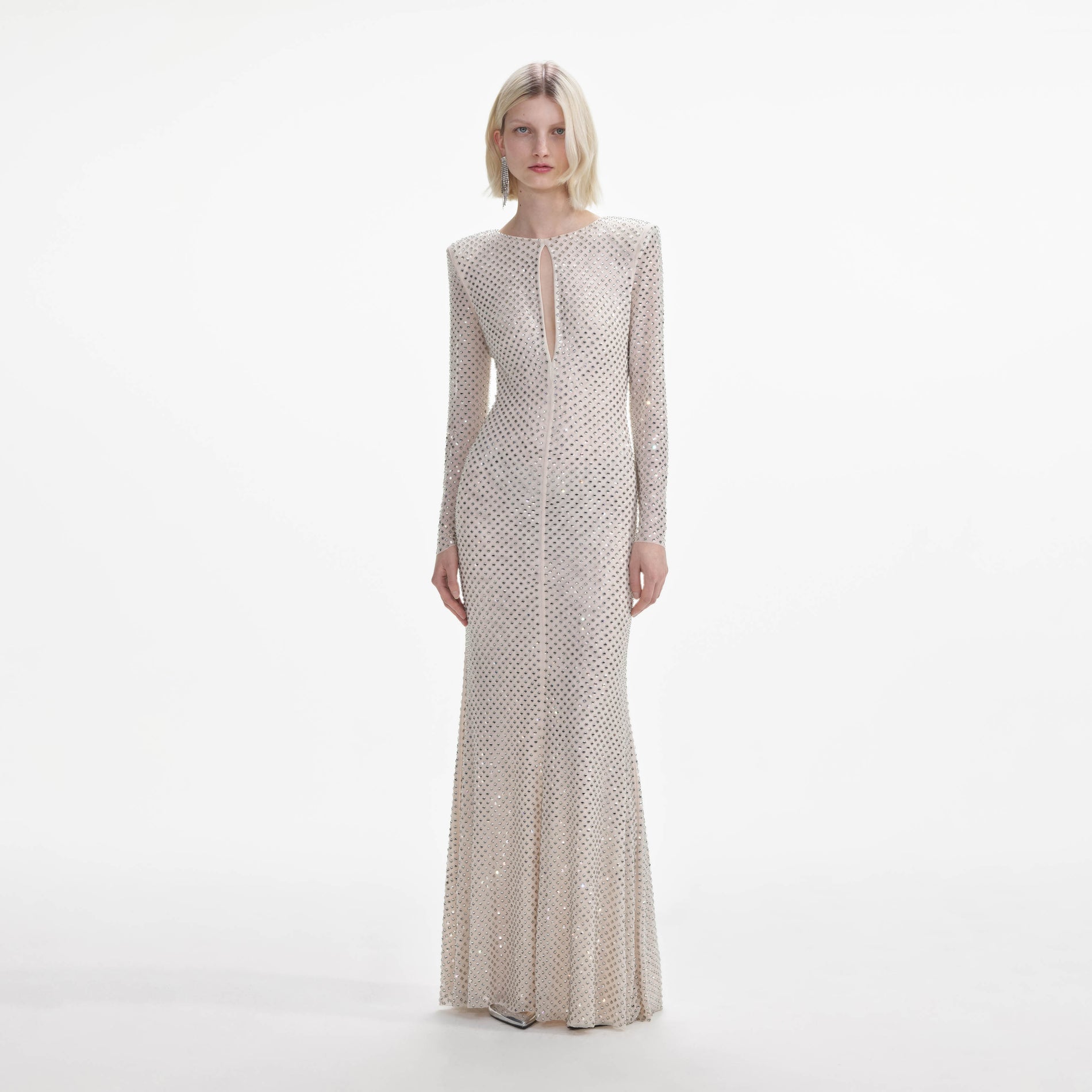 Front view of a woman wearing the Cream Rhinestone Keyhole Maxi Dress