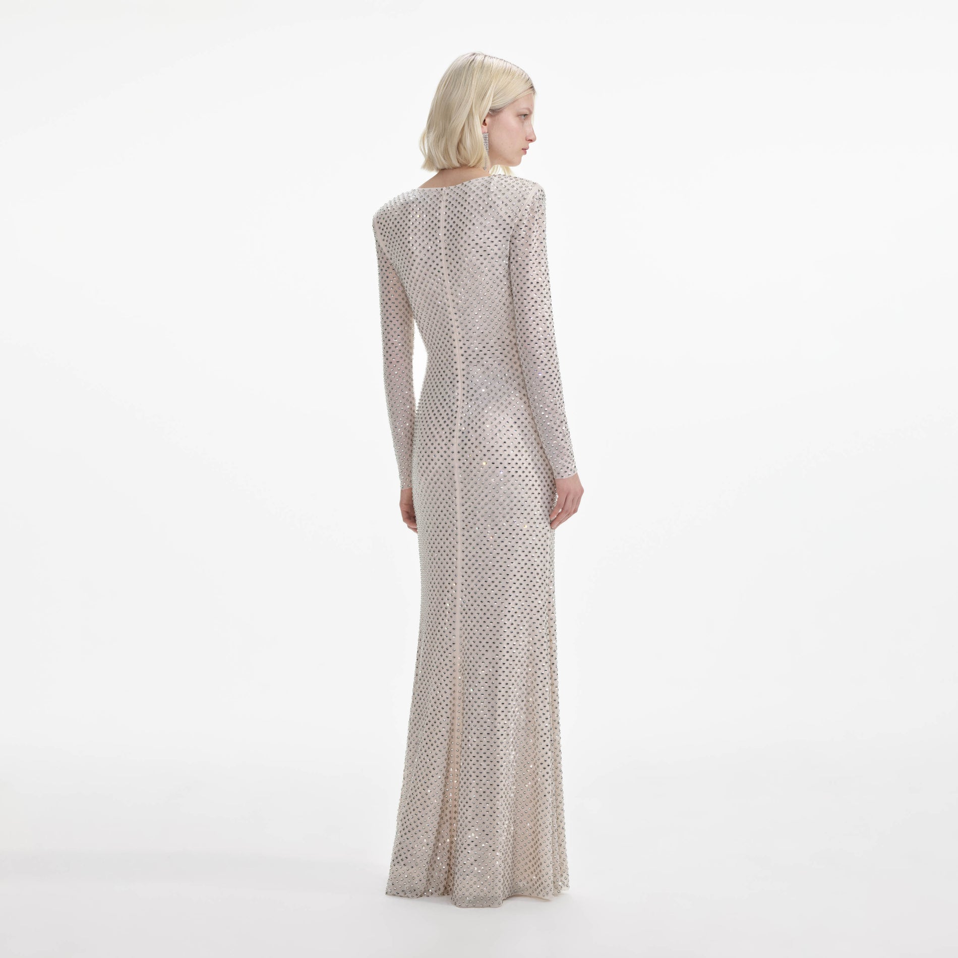 Back view of a woman wearing the Cream Rhinestone Keyhole Maxi Dress