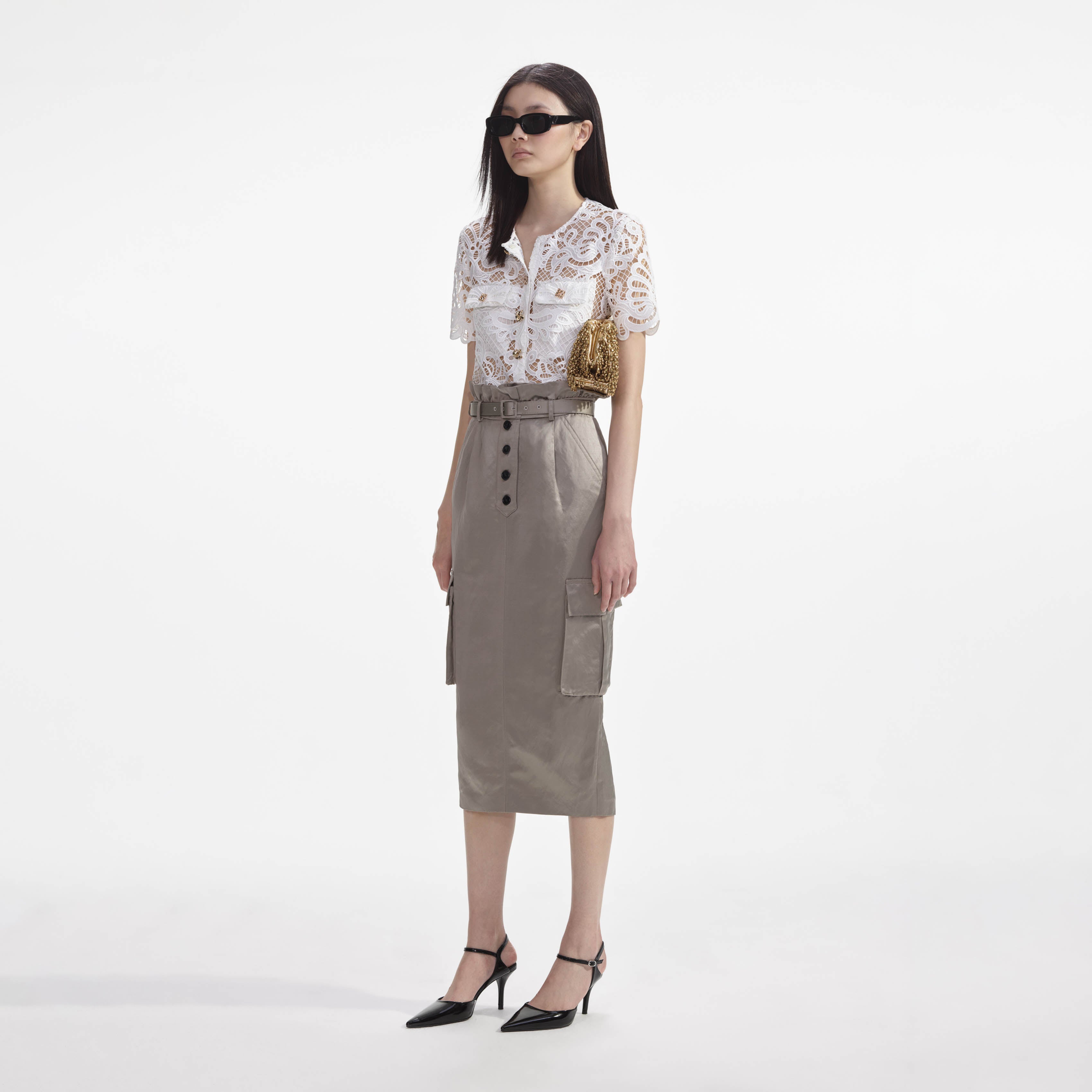 Satin Cargo Midi Skirt