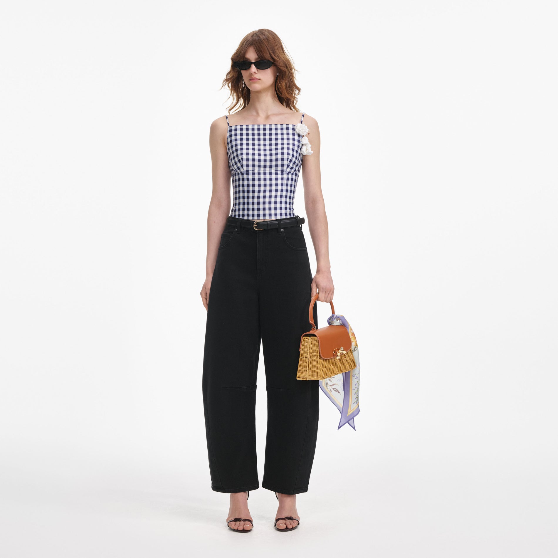 Front view of a woman wearing the Navy Gingham Taffeta Top