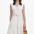 White Contrast Collar Broderie Midi Dress