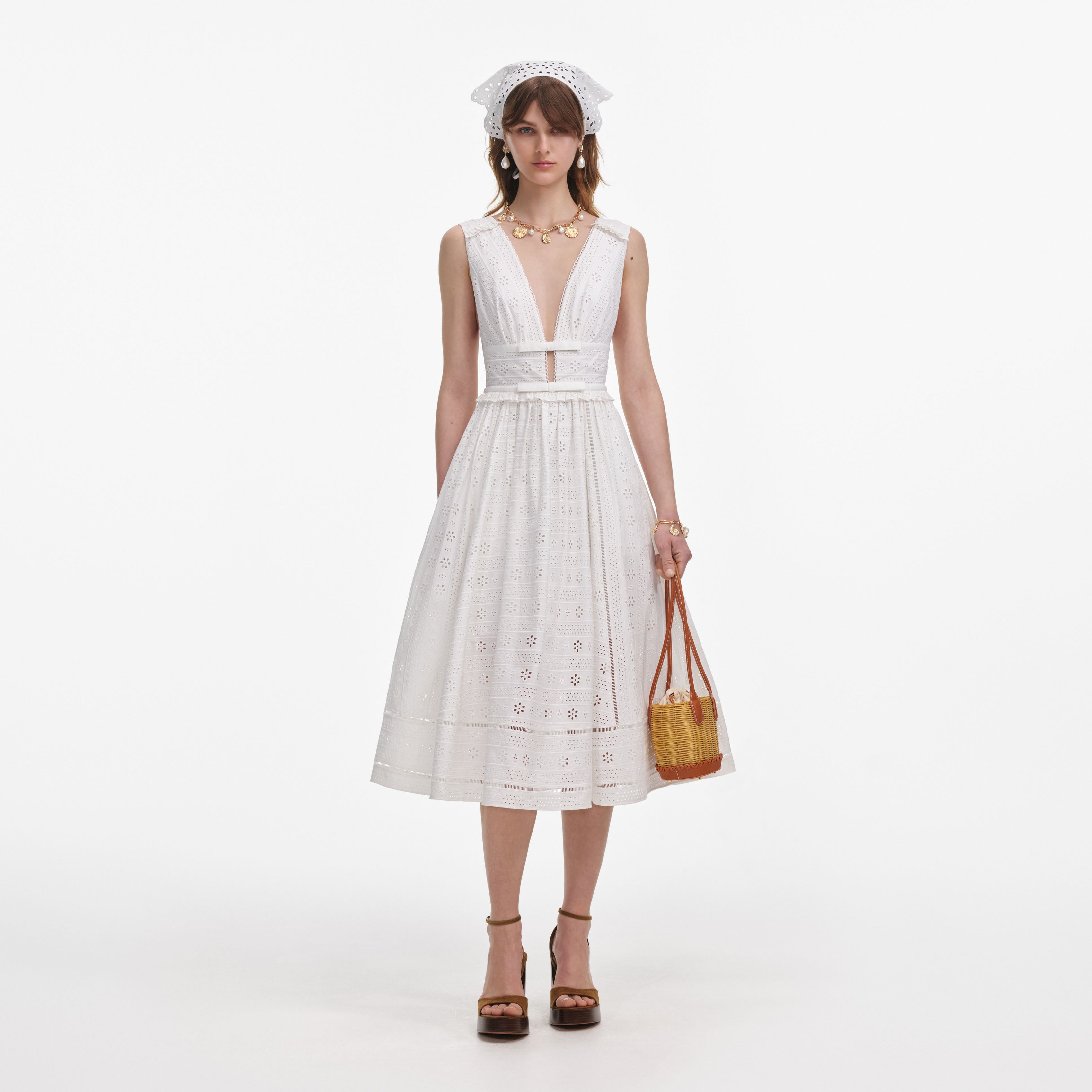 White Cotton Broderie Midi Dress