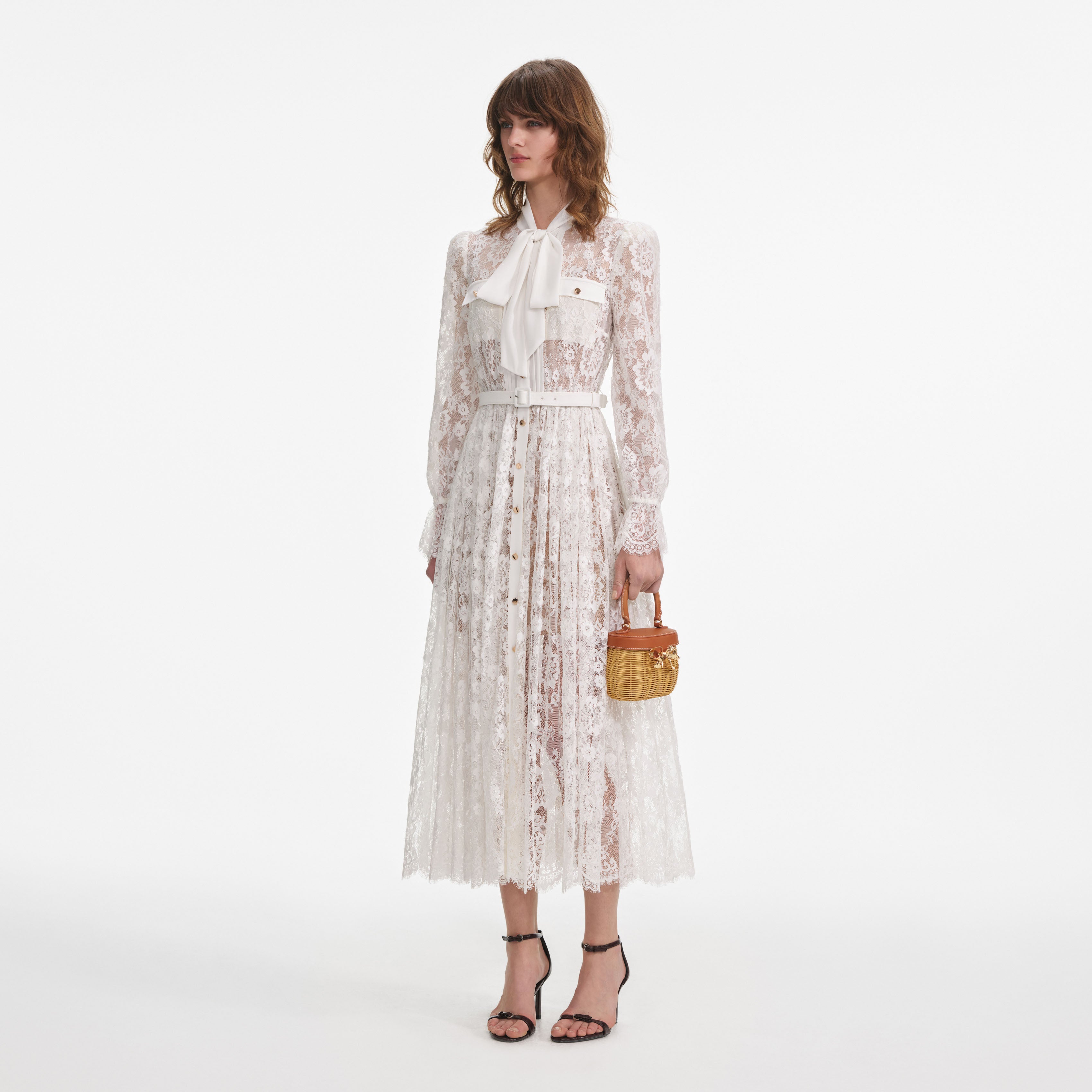 White Lace Tie Neck Midi Dress