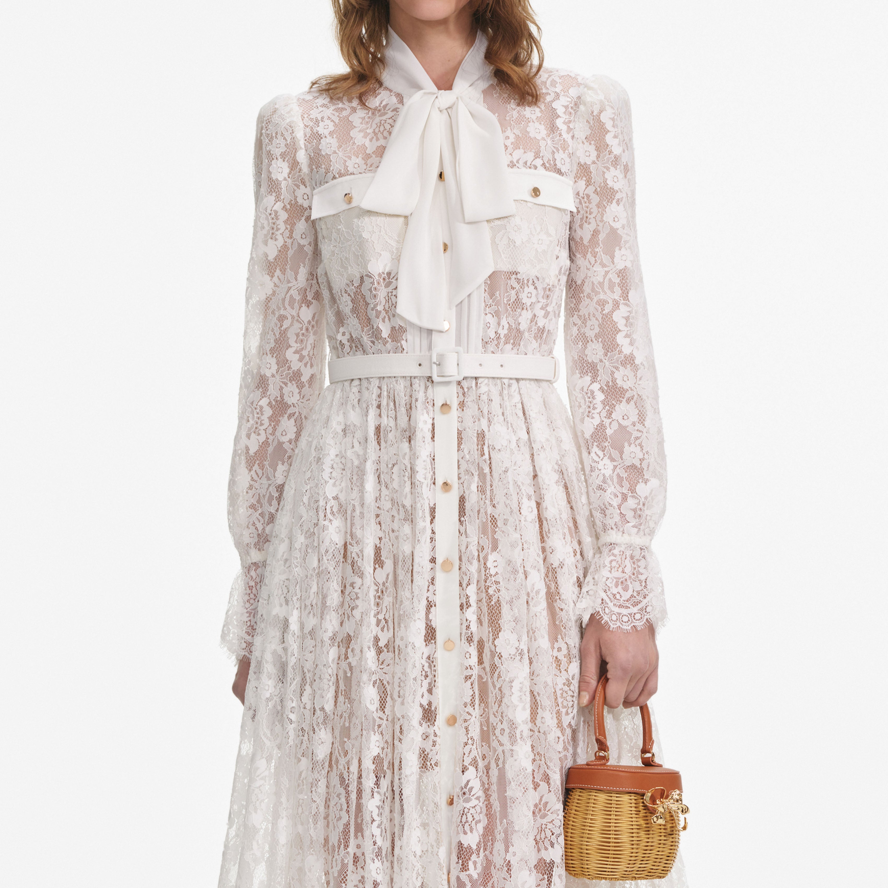 White Lace Tie Neck Midi Dress