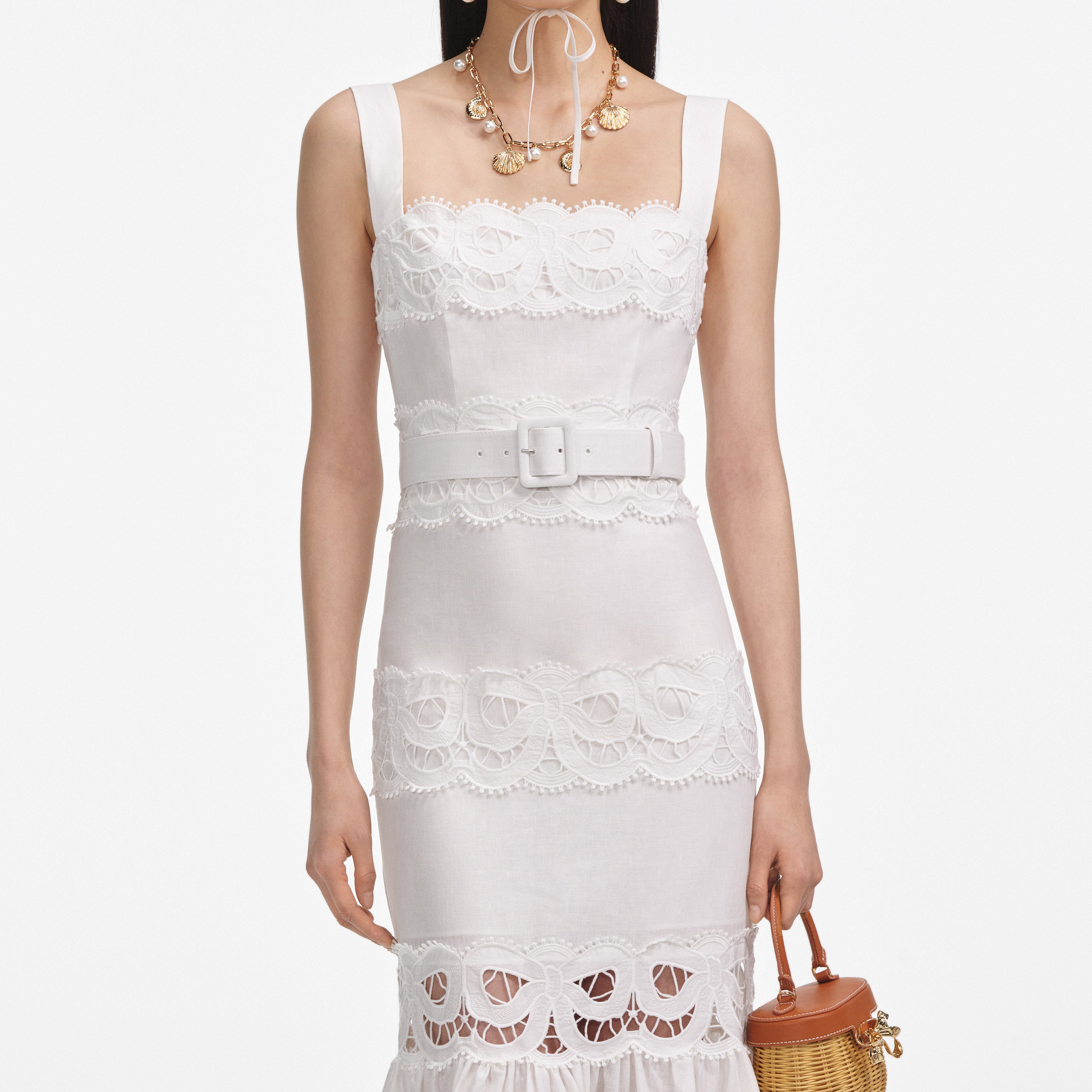 White Linen Lace Insert Midi Dress